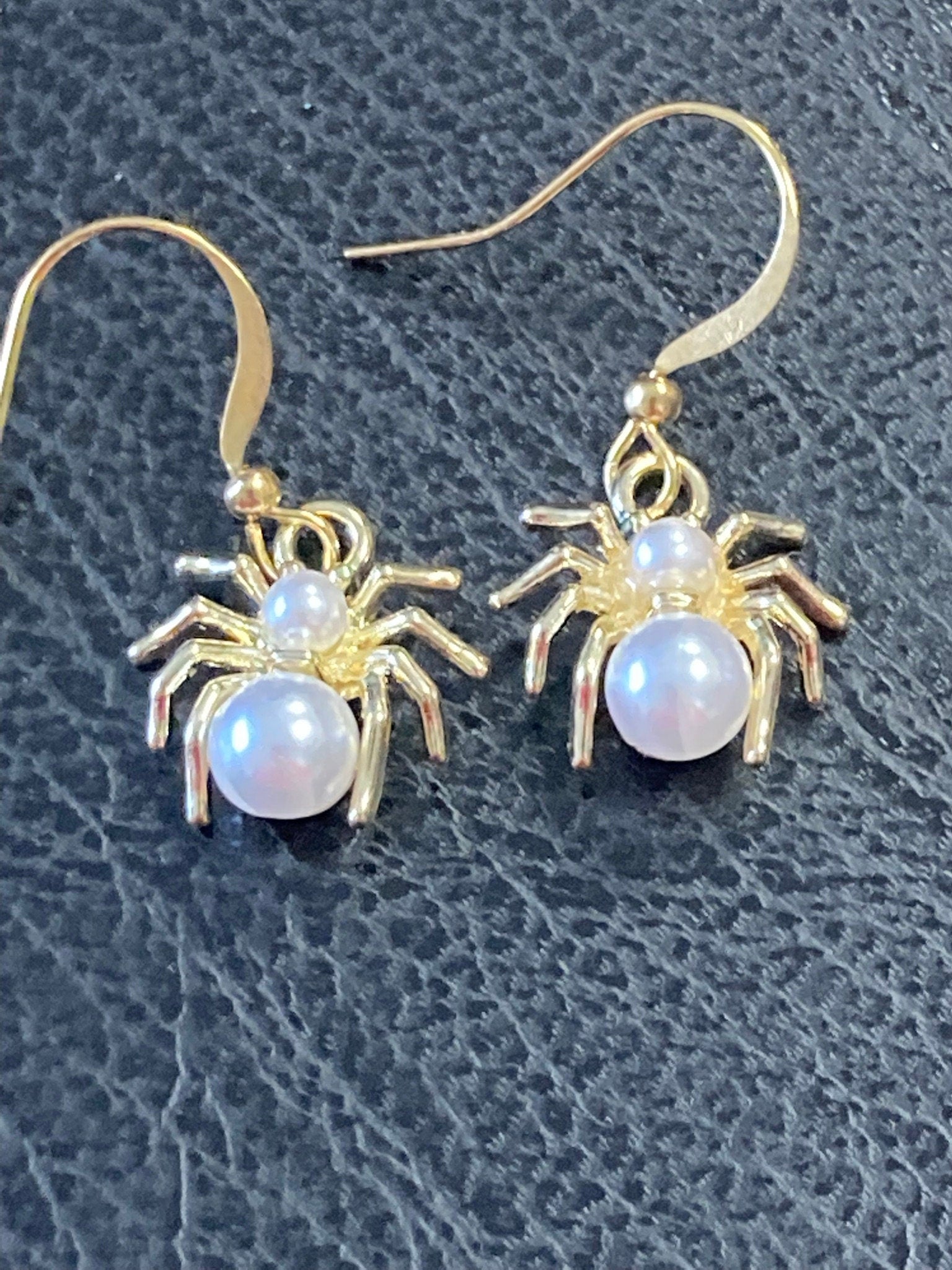 small Spooky Spider pearl drop earrings Handmade gold tone