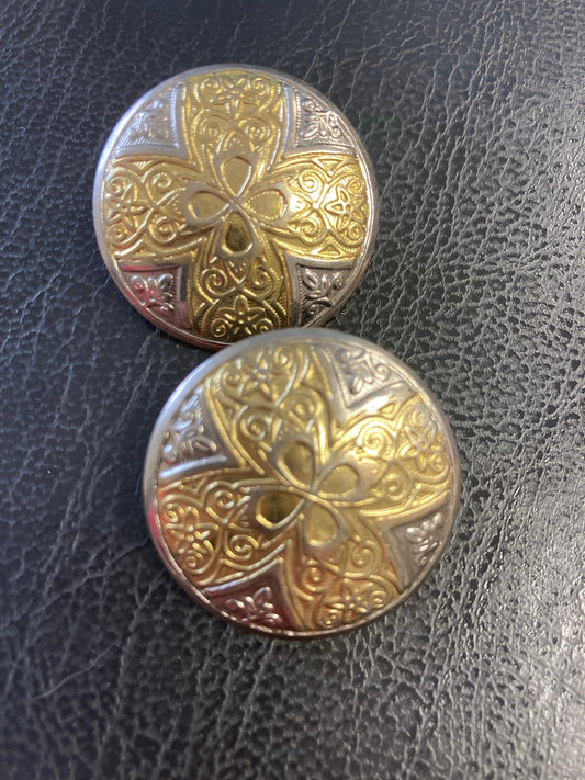 gold and silver tone large disc button stud earrings oversized 1980s ornate