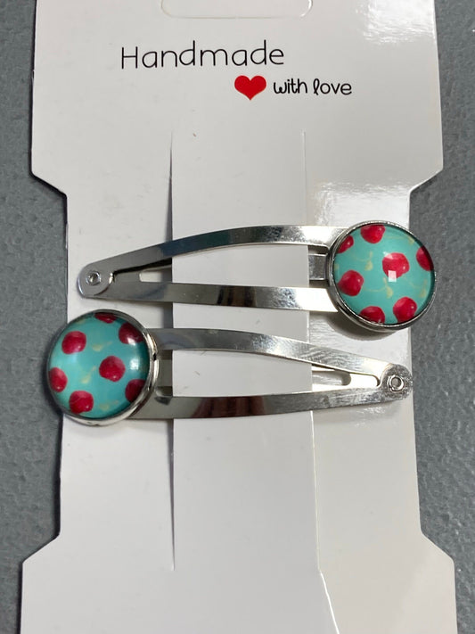 pair of CHERRY hair clips silver tone snap lock closure