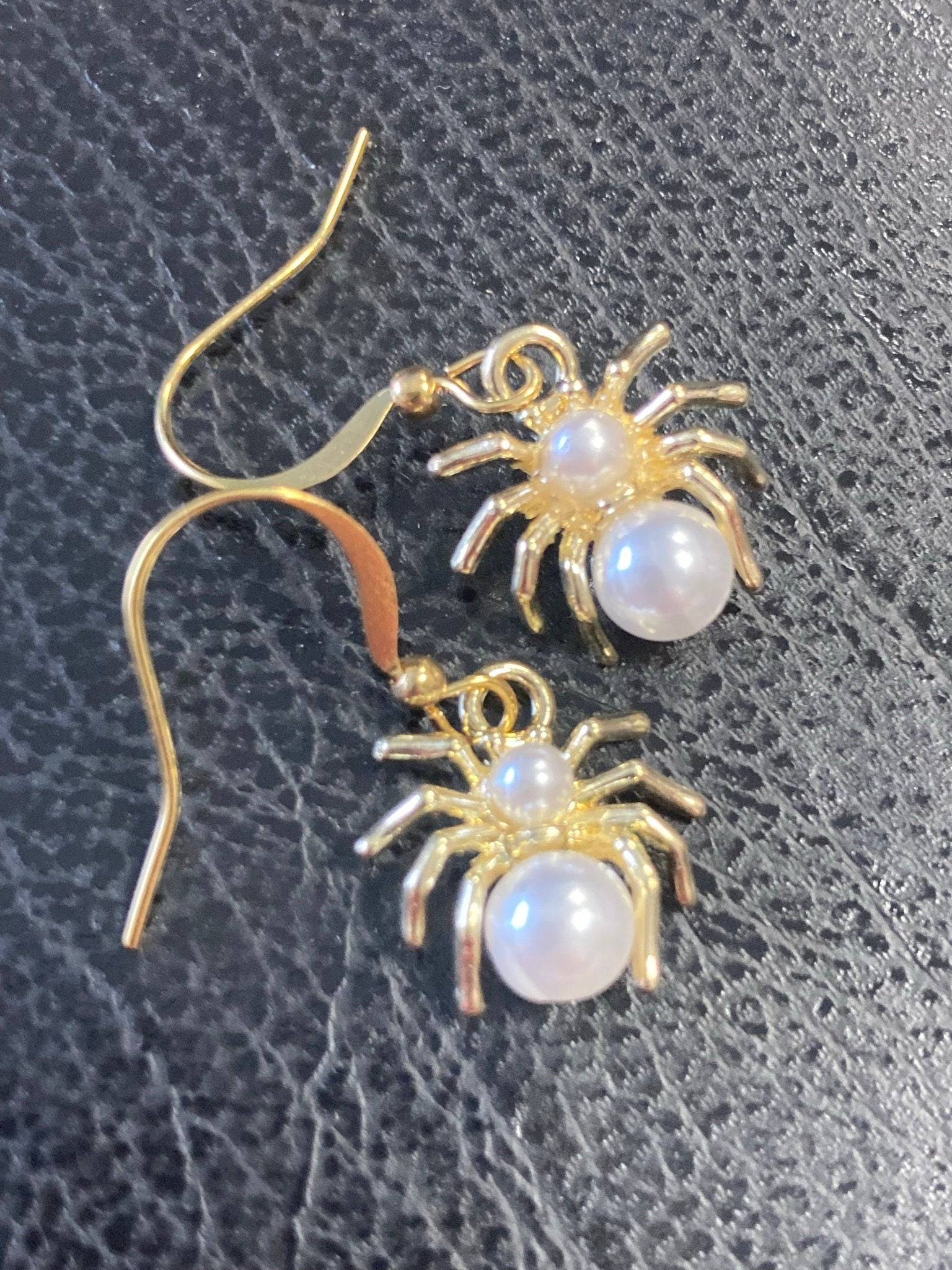 small Spooky Spider pearl drop earrings Handmade gold tone