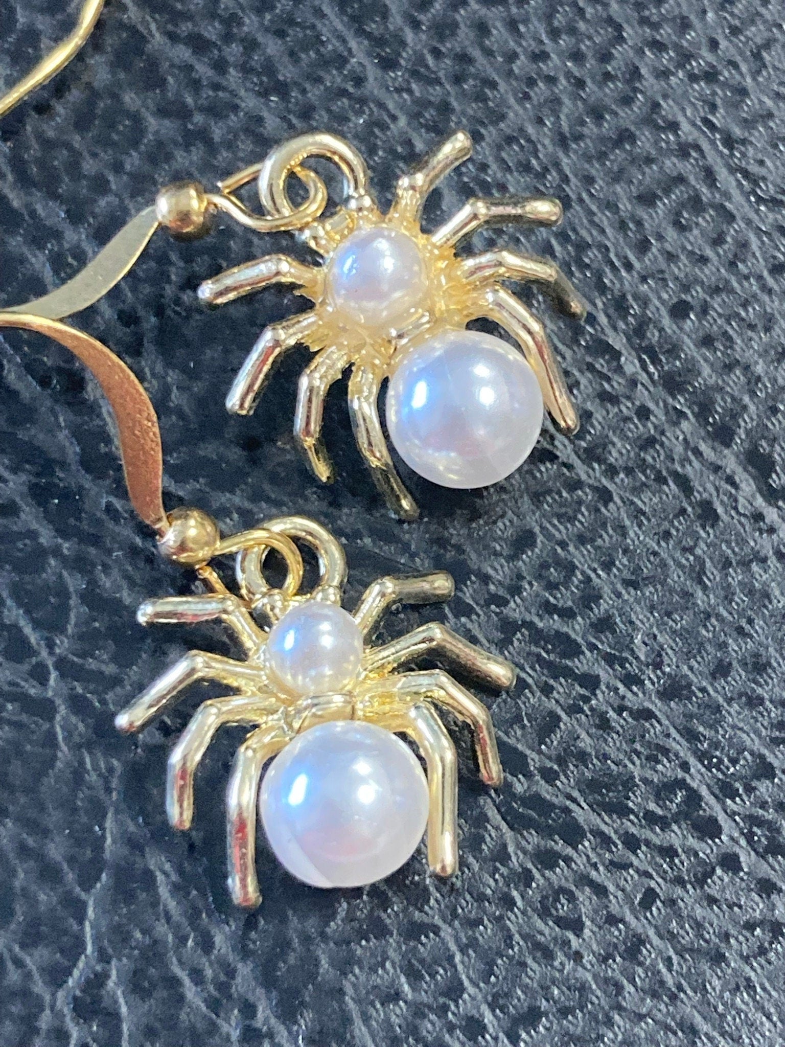 small Spooky Spider pearl drop earrings Handmade gold tone