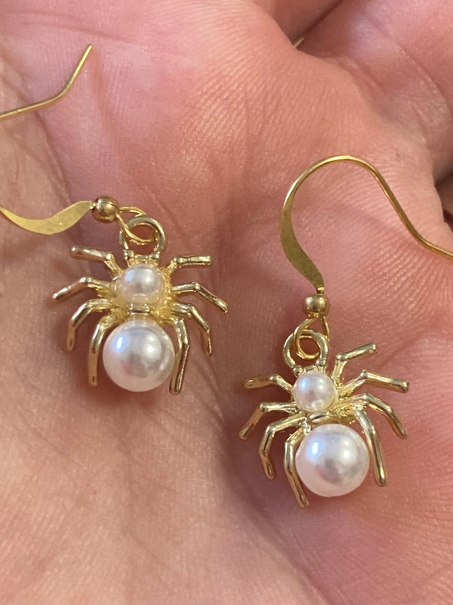 small Spooky Spider pearl drop earrings Handmade gold tone