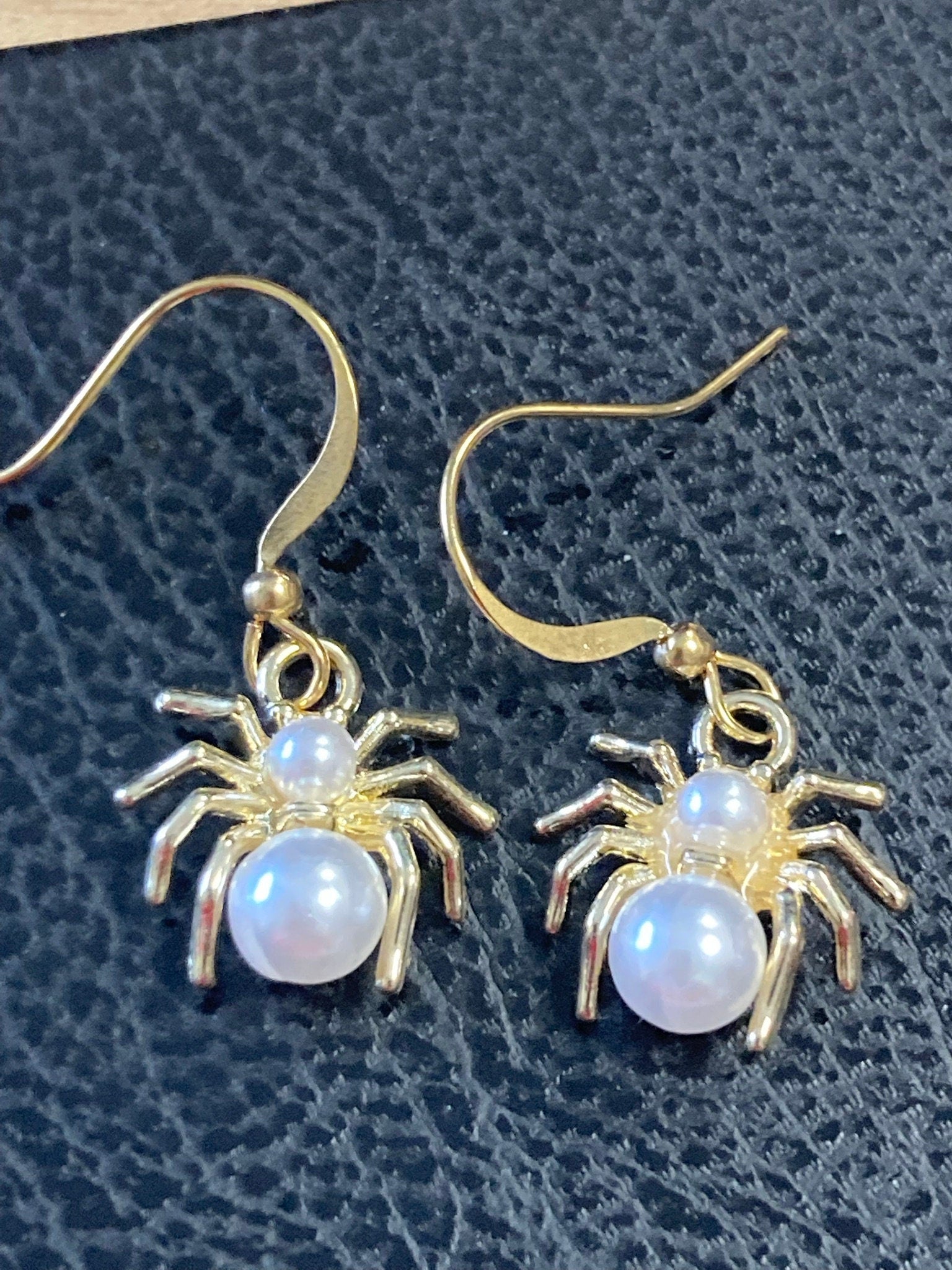 small Spooky Spider pearl drop earrings Handmade gold tone