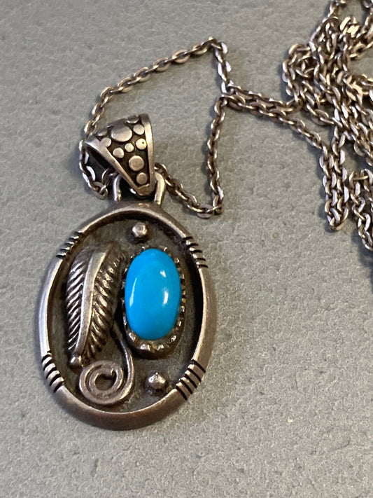 vintage ornate turquoise cabochon leaf pendant necklace on sterling silver chain