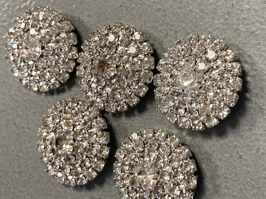 22mm Set of 5 round clear diamanté rhinestone low domed buttons silver tone