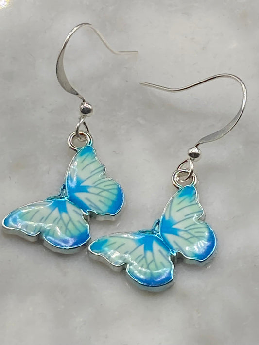 Silver tone blue morpho butterfly earrings