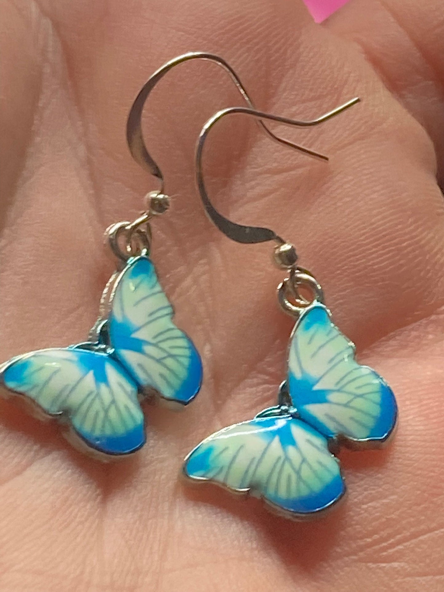 Silver tone blue morpho butterfly earrings