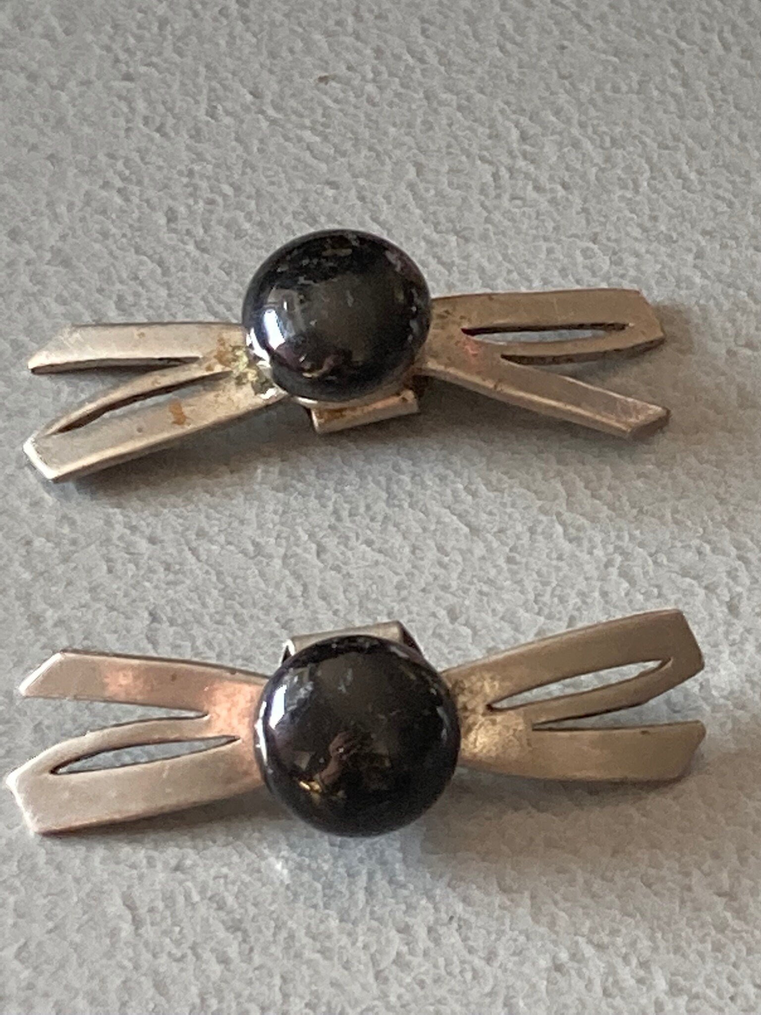 Antique Pair of french signed PARIS chrome metal silver tone black galalith bow Shoe Clips