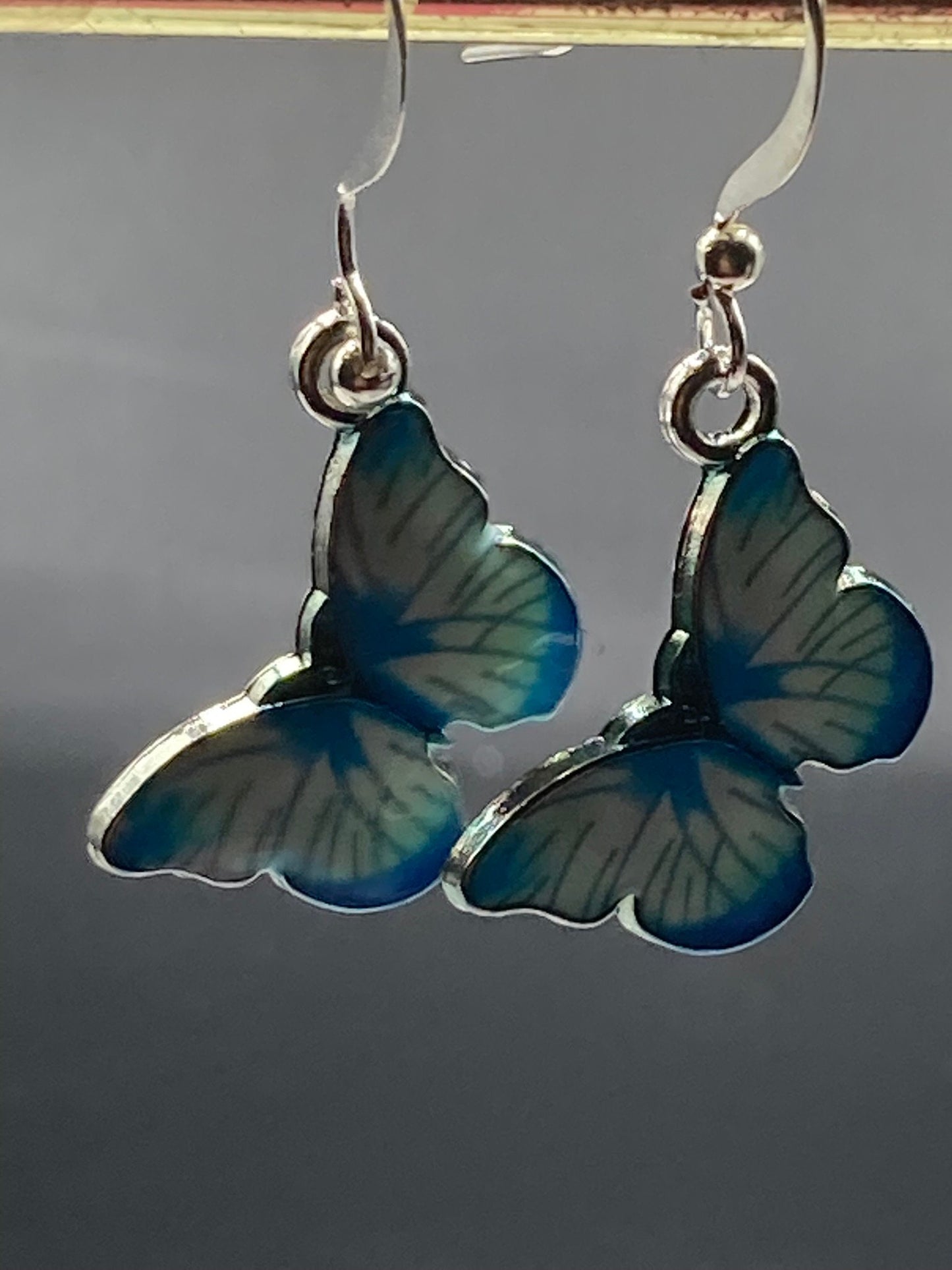 Silver tone blue morpho butterfly earrings