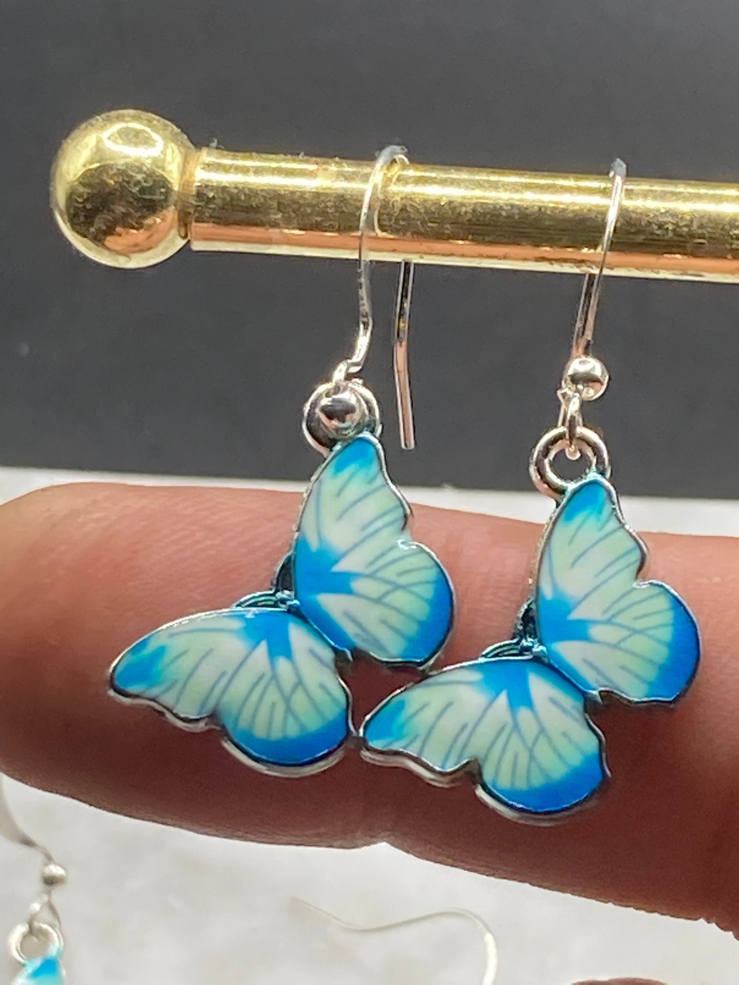 Silver tone blue morpho butterfly earrings