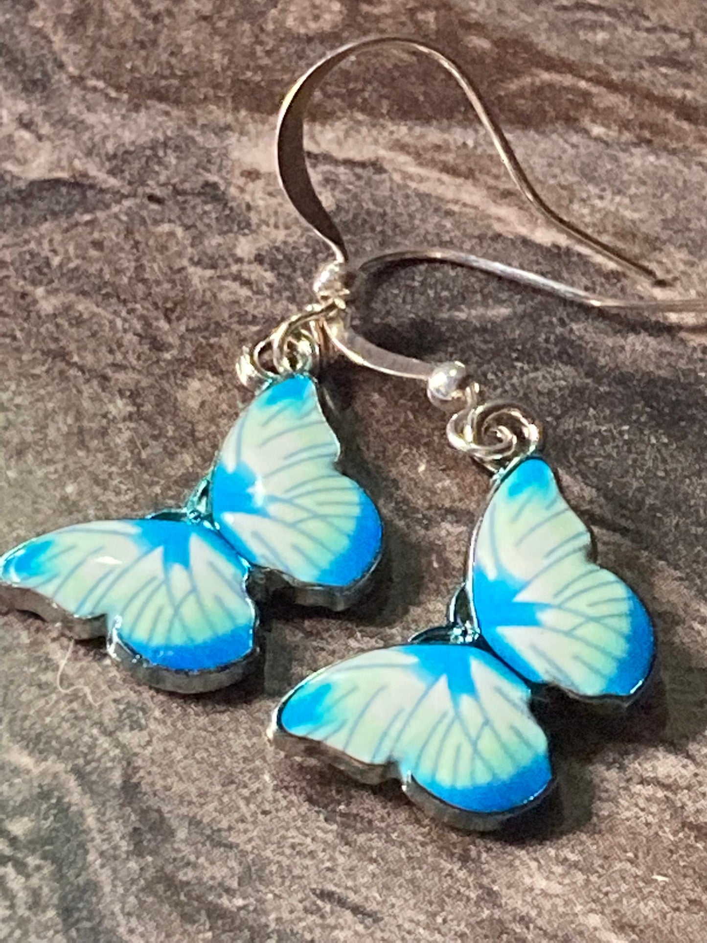 Silver tone blue morpho butterfly earrings