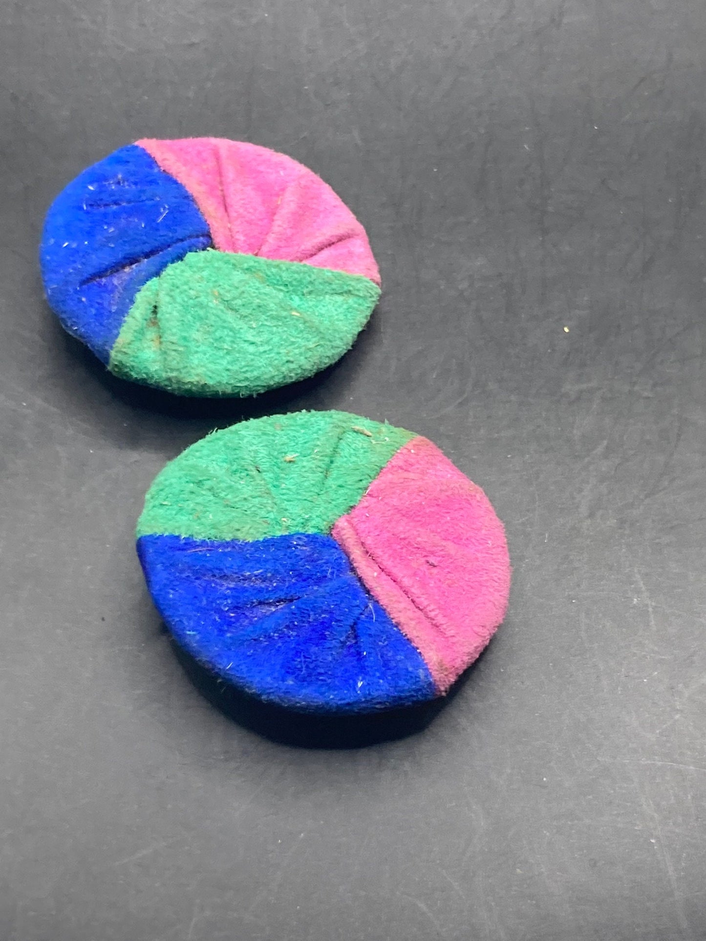 Vintage soft suede Leather high quality pair of blue green pink tricolour shoe clips 1980s