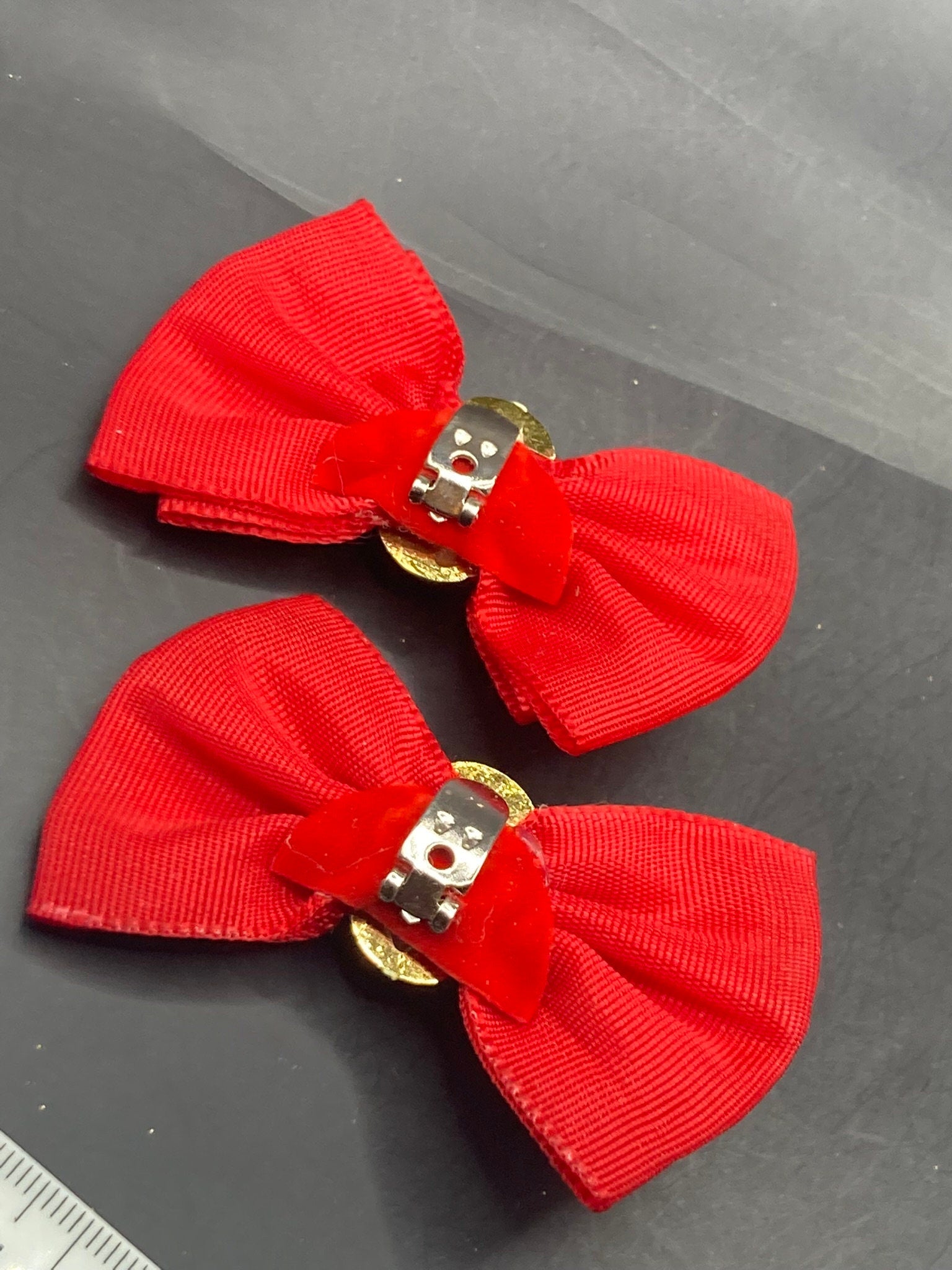 pair of red GROSGRAIN and gold metal large BOW shoe clips vintage