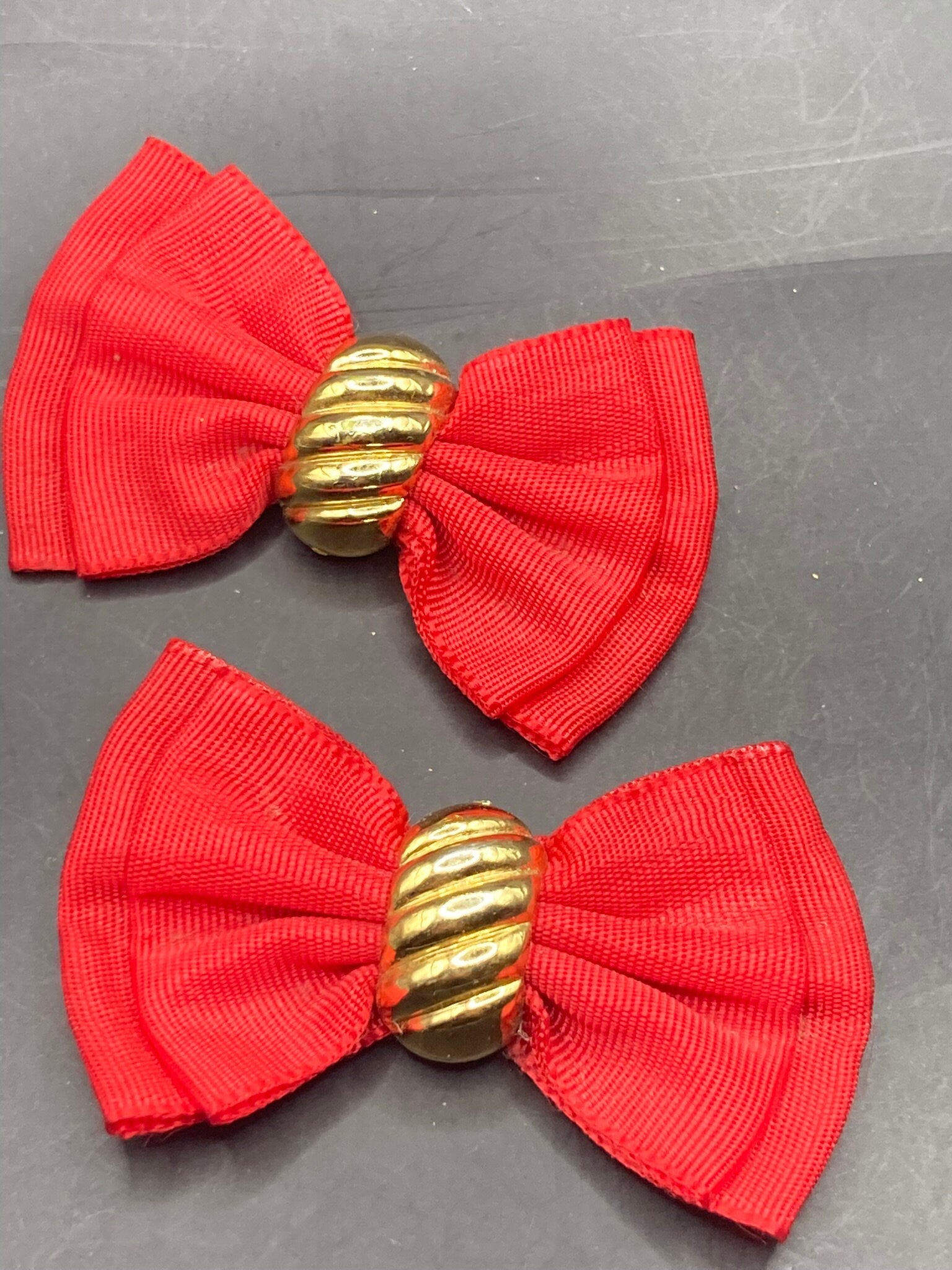 pair of red GROSGRAIN and gold metal large BOW shoe clips vintage