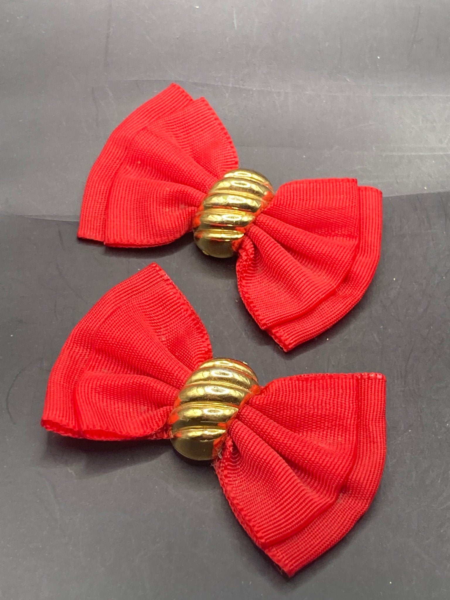 pair of red GROSGRAIN and gold metal large BOW shoe clips vintage