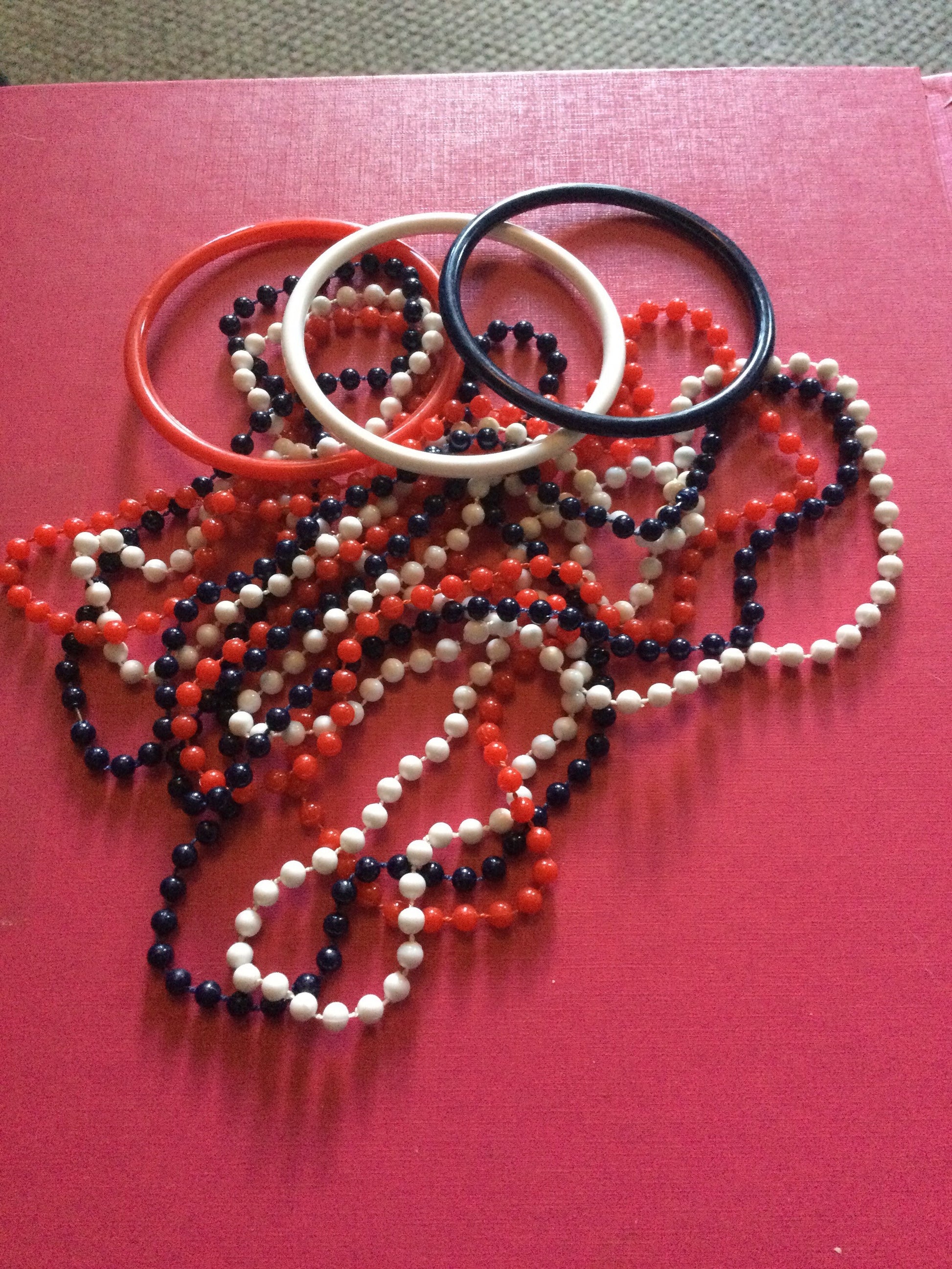 1960s patriotic USA UK France red white blue fixed plastic beaded jewellery set 3 necklaces & bangles coronation