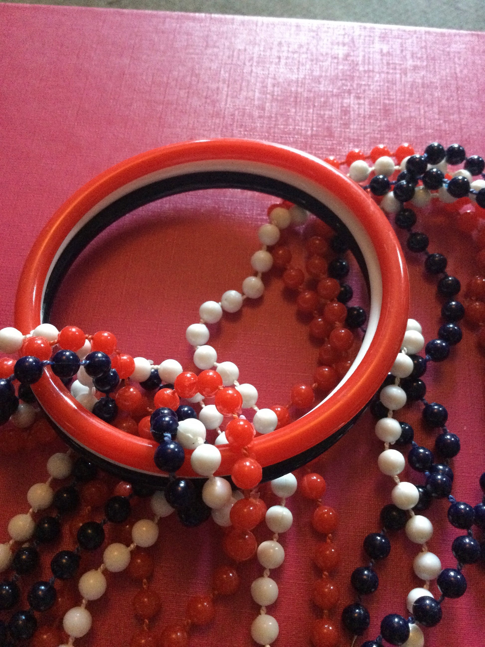 1960s patriotic USA UK France red white blue fixed plastic beaded jewellery set 3 necklaces & bangles coronation