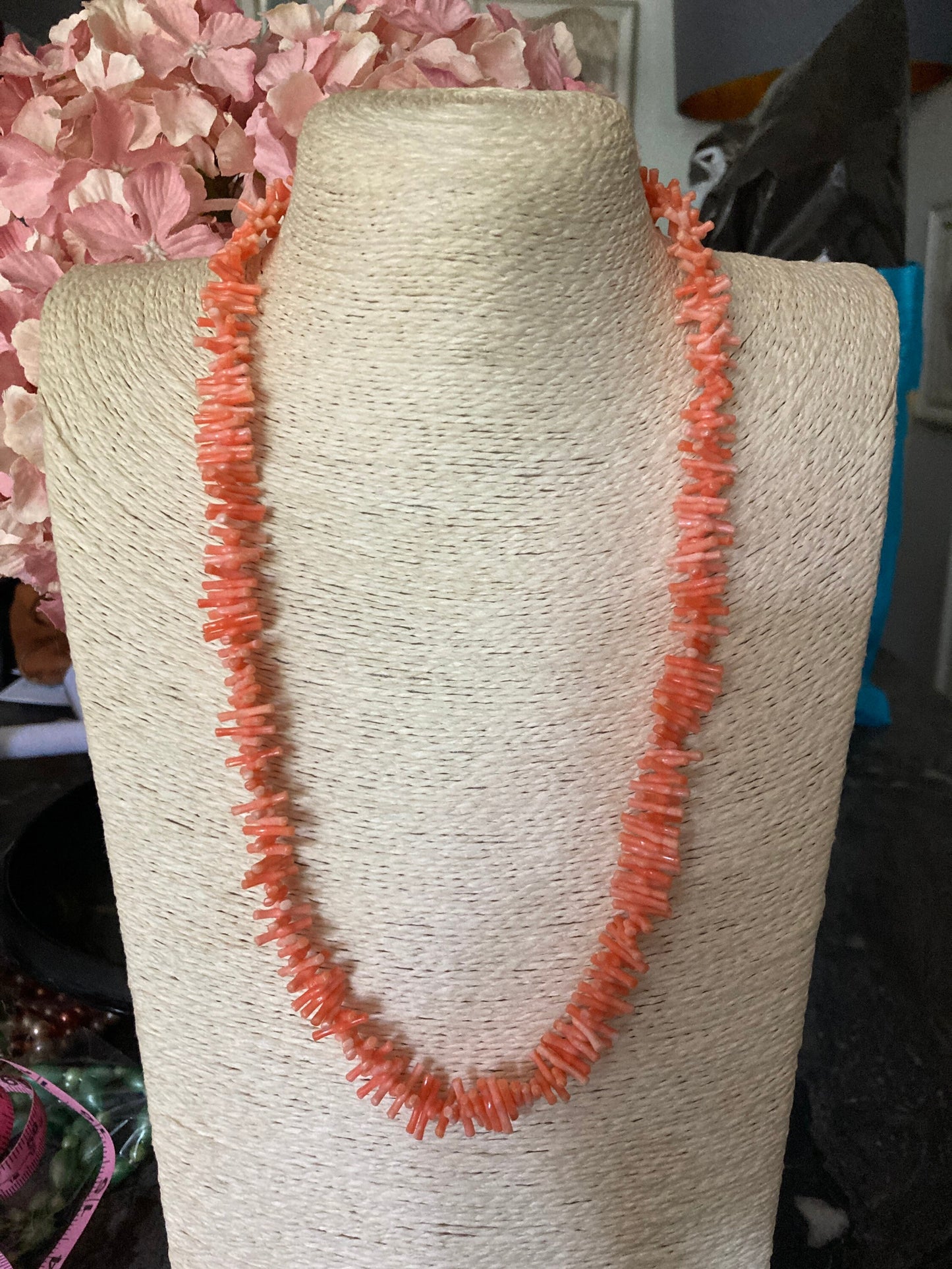 Vintage Stick Branch pale salmon pink Orange FAUX Coral plastic necklace