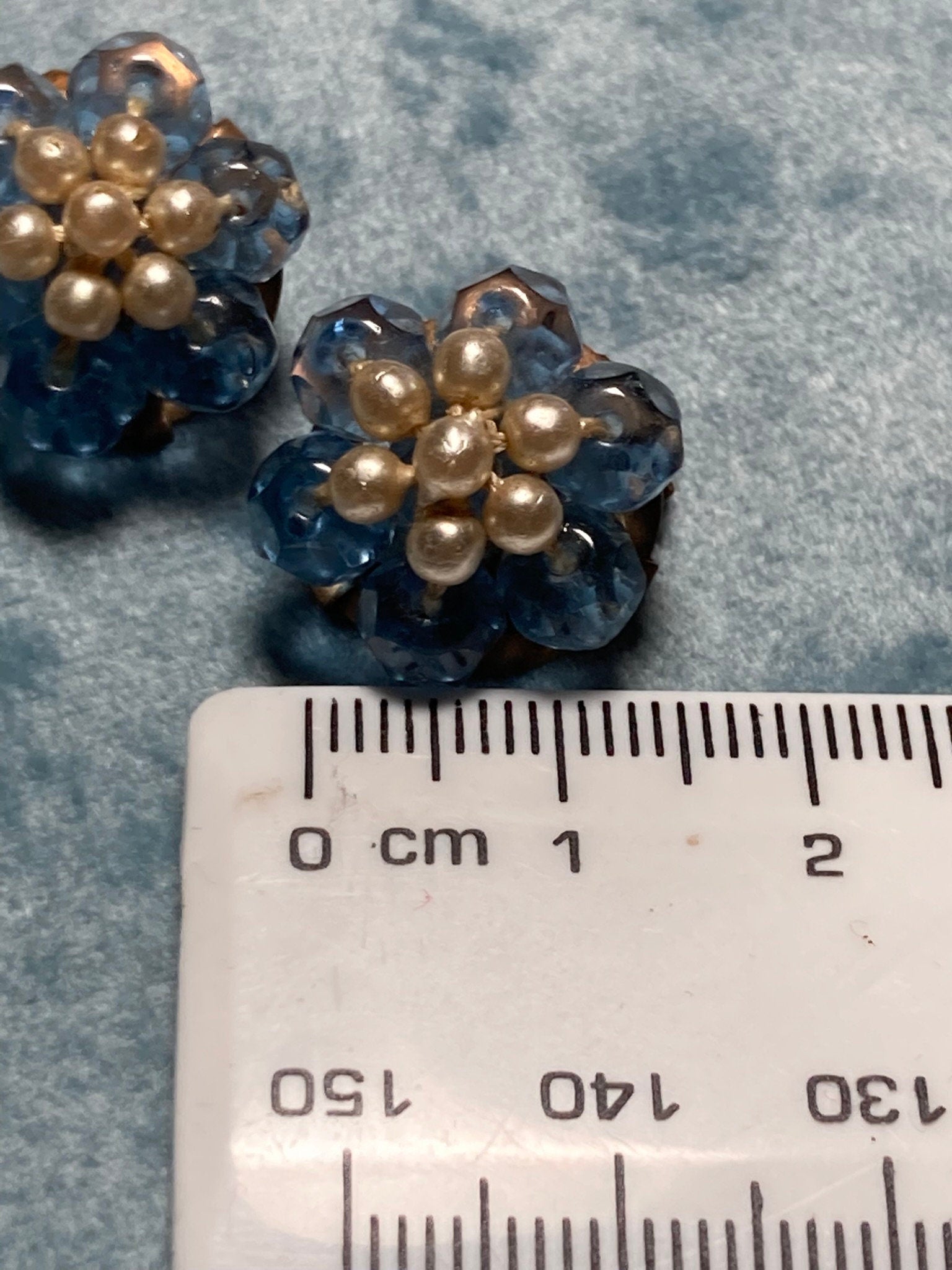 Vintage Funky teal blue glass and faux pearl floral beaded Cluster Clip On Earrings