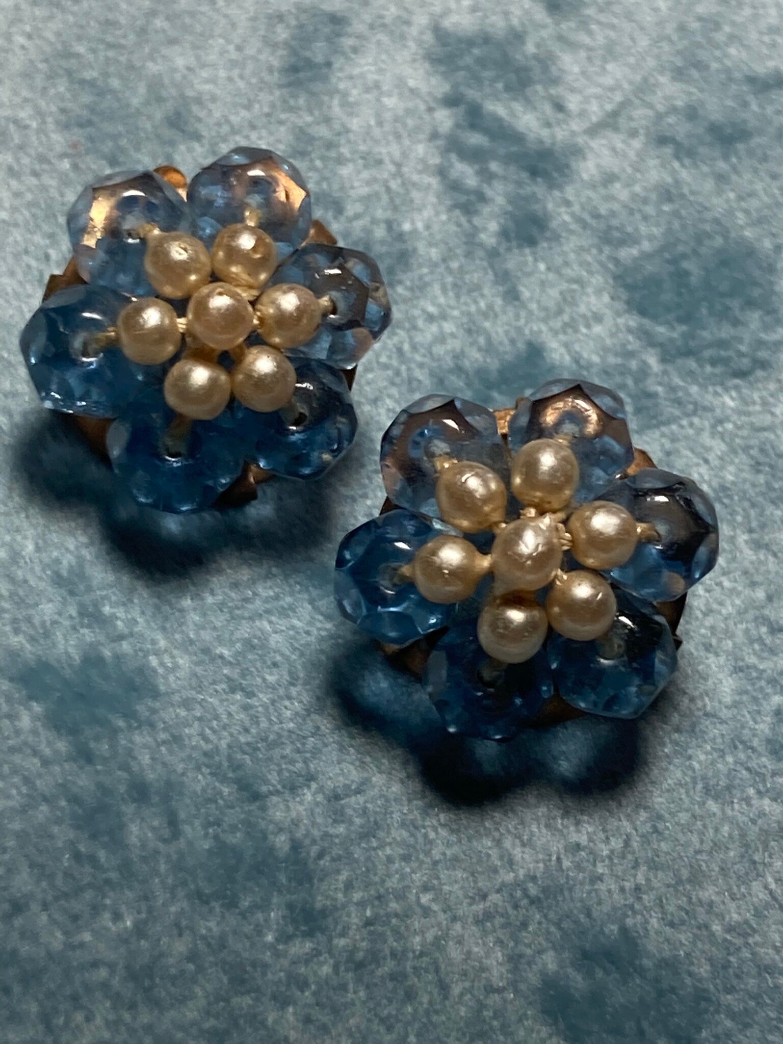 Vintage Funky teal blue glass and faux pearl floral beaded Cluster Clip On Earrings