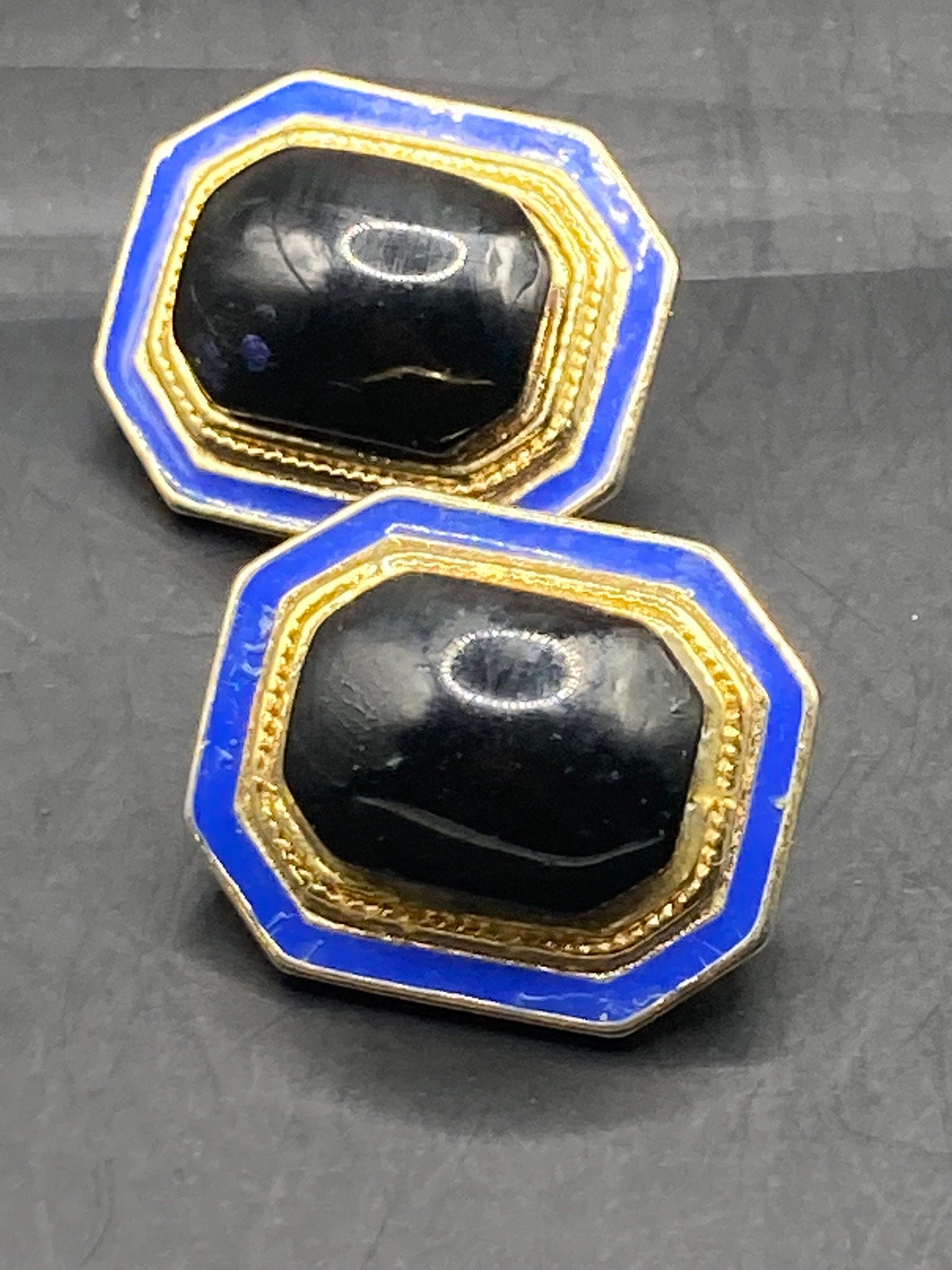 oversized Vintage Gold tone octagonal gold blue and black enamel clip on earrings