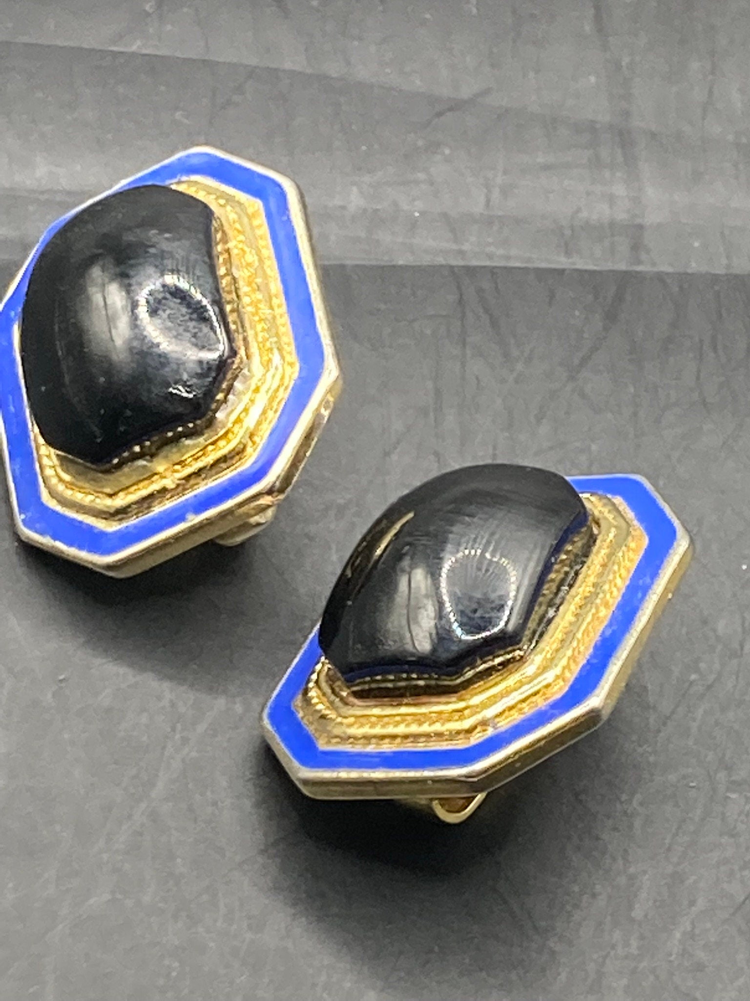 oversized Vintage Gold tone octagonal gold blue and black enamel clip on earrings