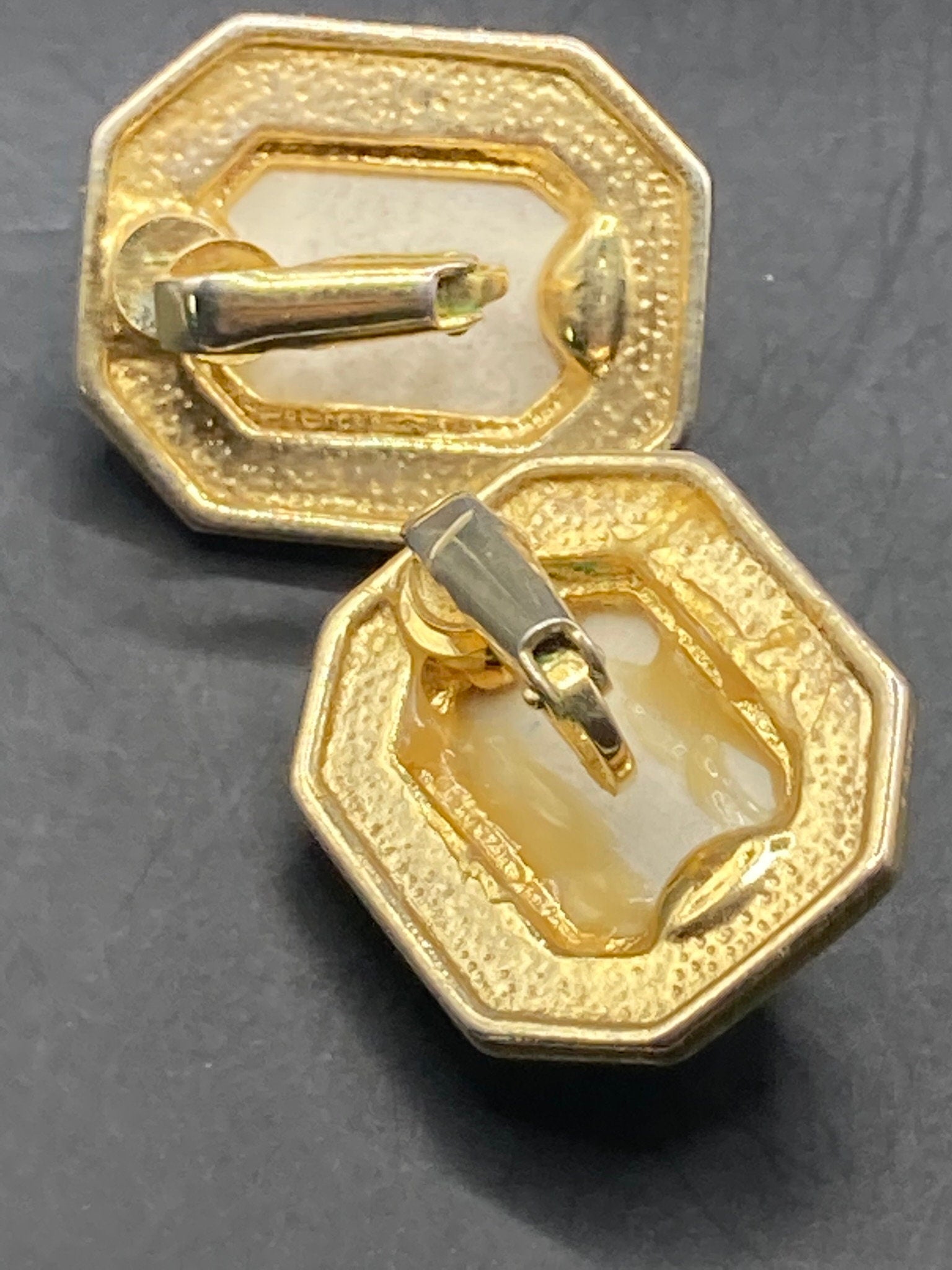 oversized Vintage Gold tone octagonal gold blue and black enamel clip on earrings