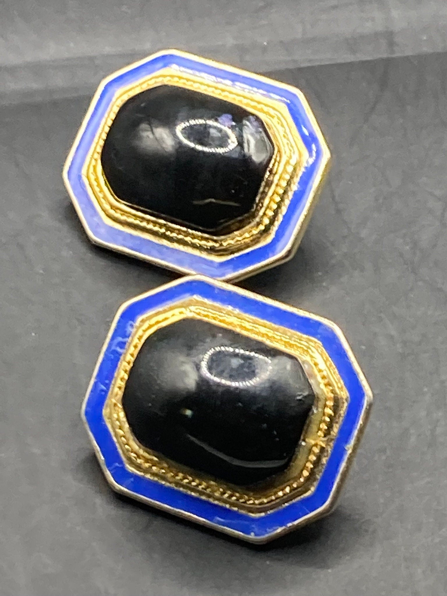 oversized Vintage Gold tone octagonal gold blue and black enamel clip on earrings