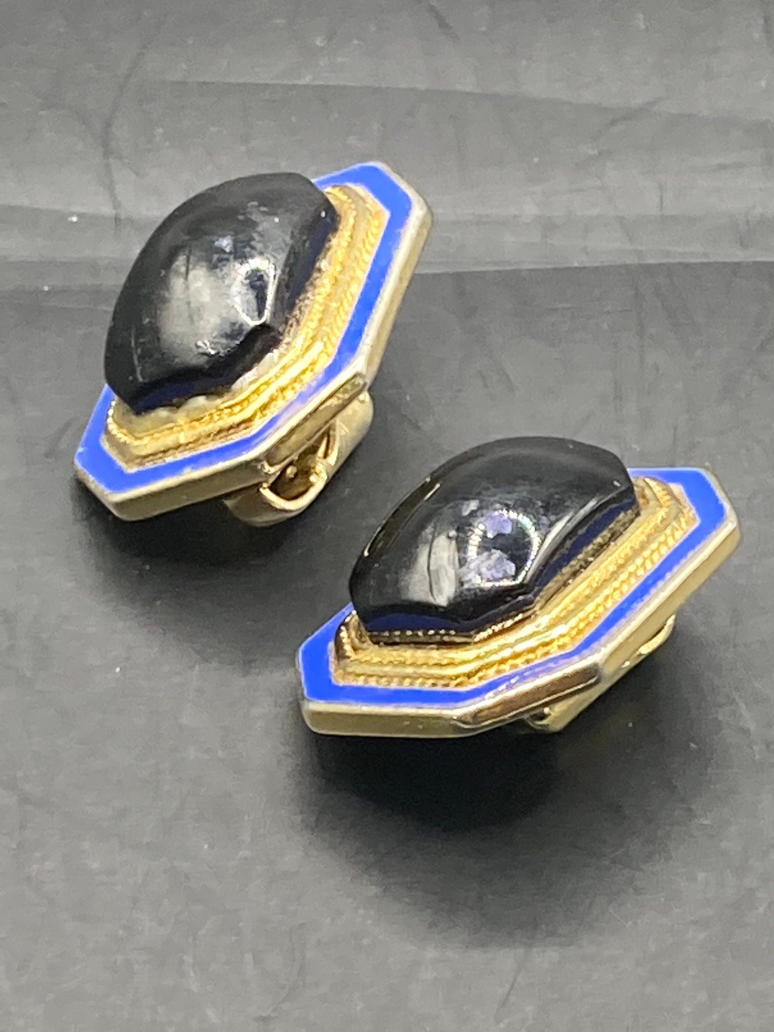 oversized Vintage Gold tone octagonal gold blue and black enamel clip on earrings