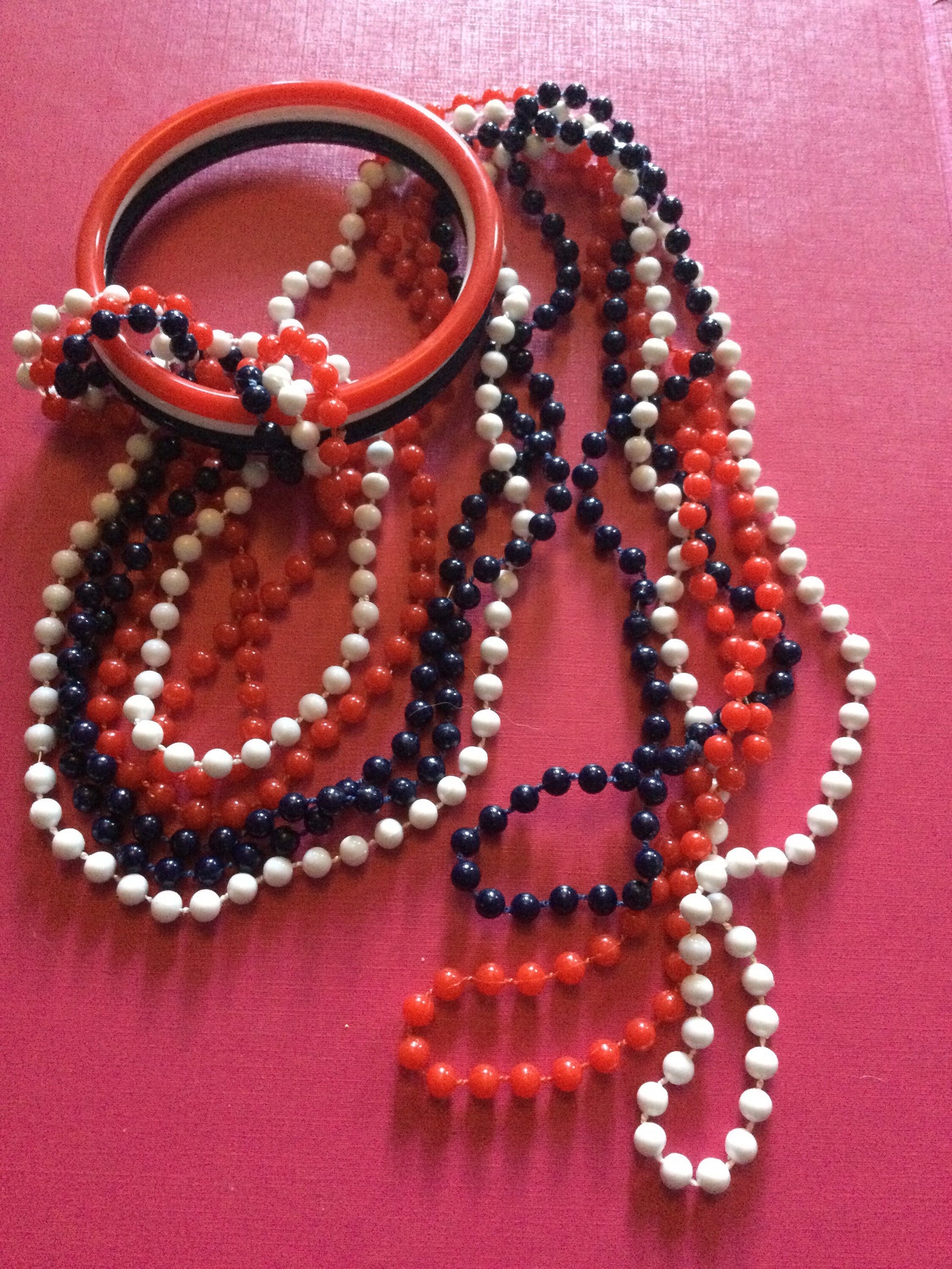 1960s patriotic USA UK France red white blue fixed plastic beaded jewellery set 3 necklaces & bangles coronation