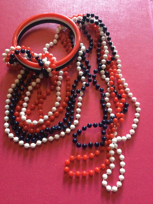 1960s patriotic USA UK France red white blue fixed plastic beaded jewellery set 3 necklaces & bangles coronation