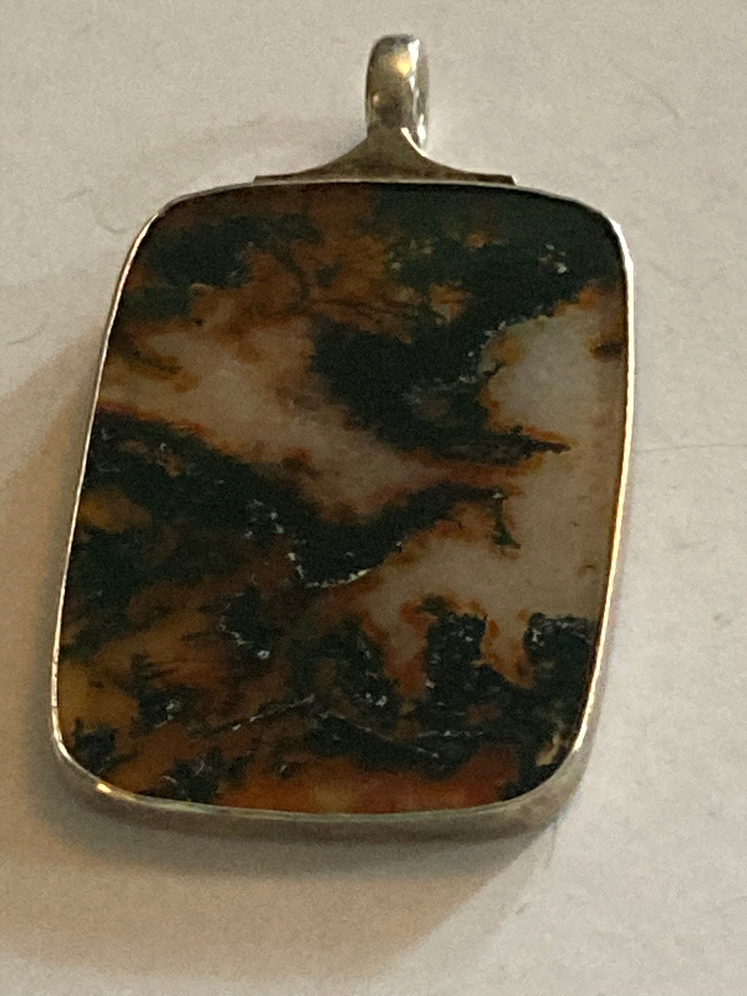 vintage Moss Agate gemstone pendant for a chain large rectangular 925 sterling silver