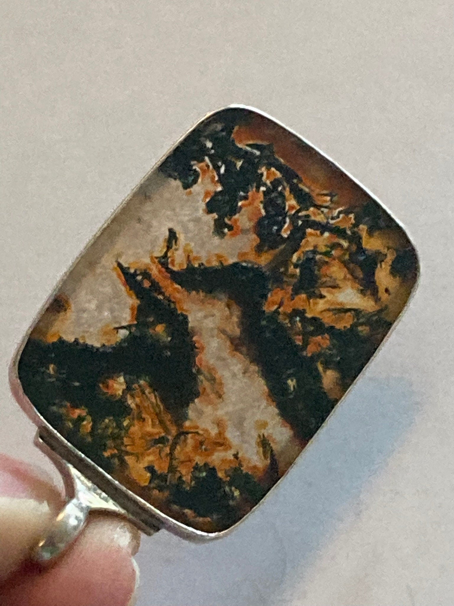 vintage Moss Agate gemstone pendant for a chain large rectangular 925 sterling silver