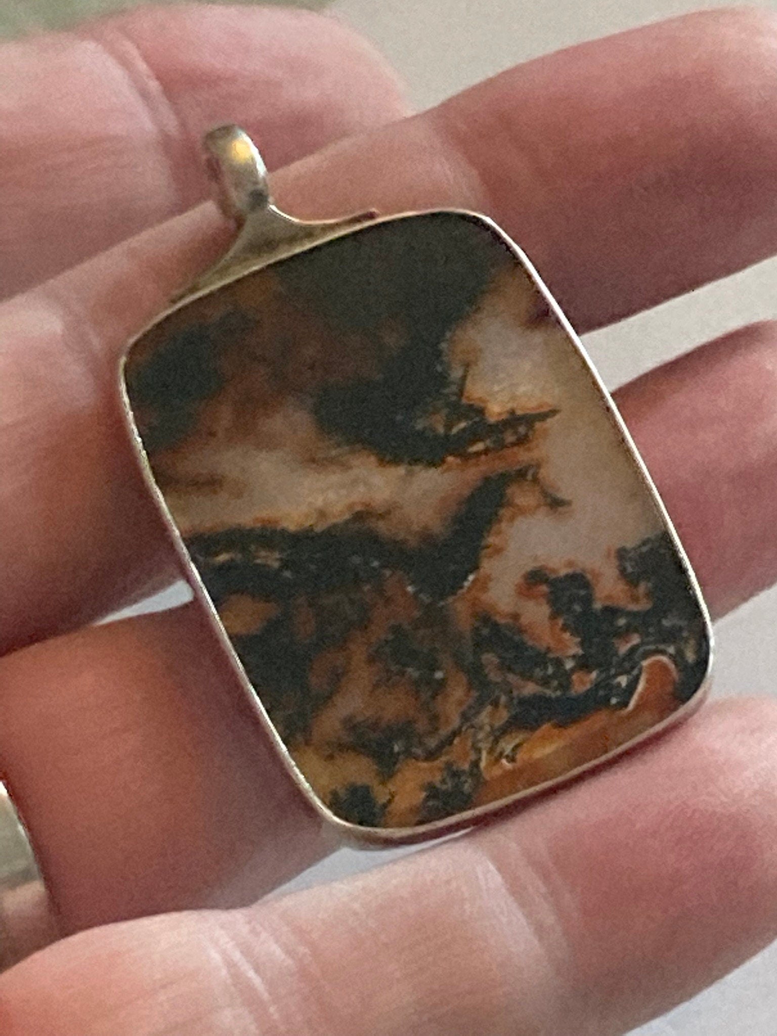 vintage Moss Agate gemstone pendant for a chain large rectangular 925 sterling silver