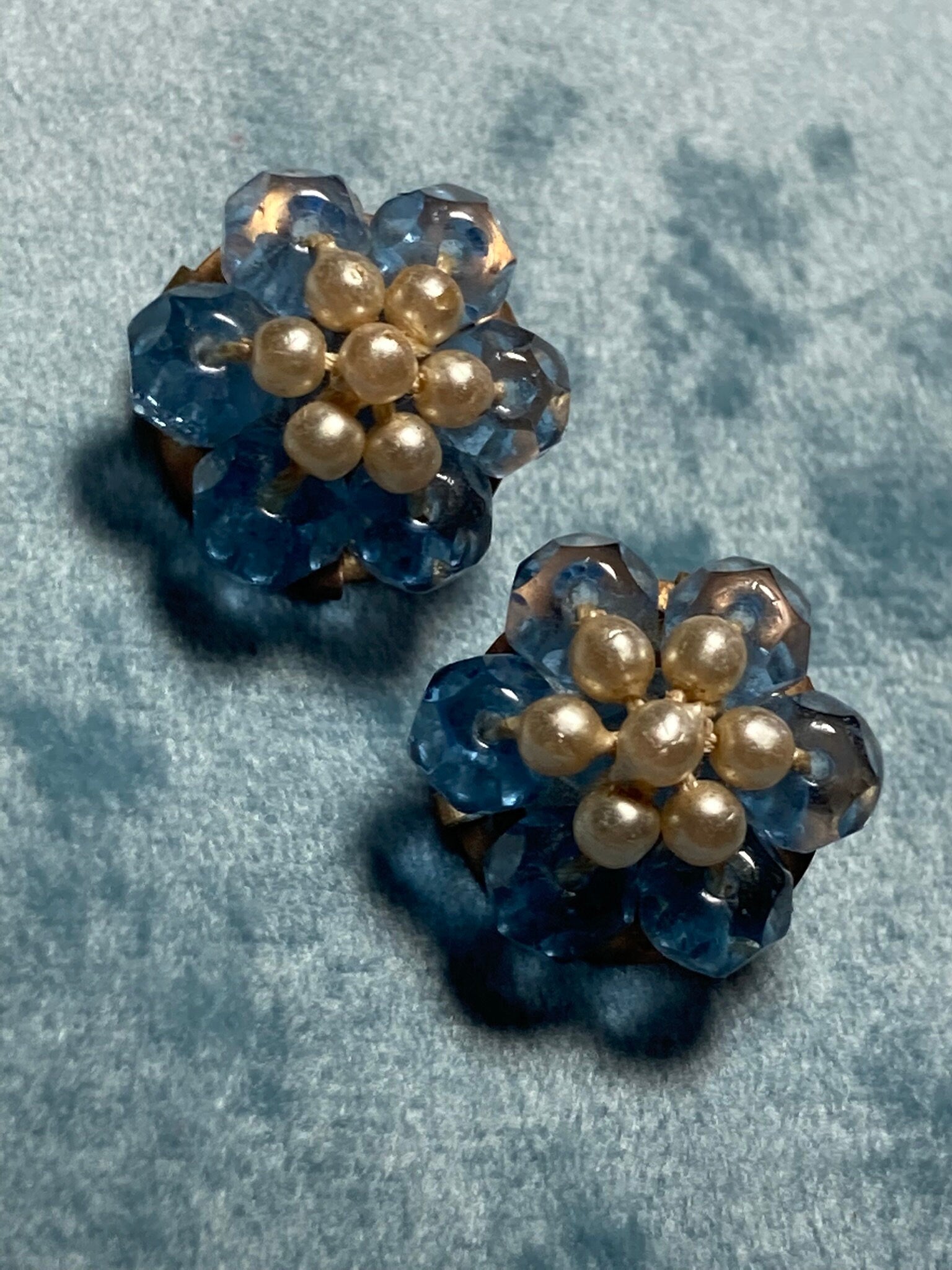 Vintage Funky teal blue glass and faux pearl floral beaded Cluster Clip On Earrings