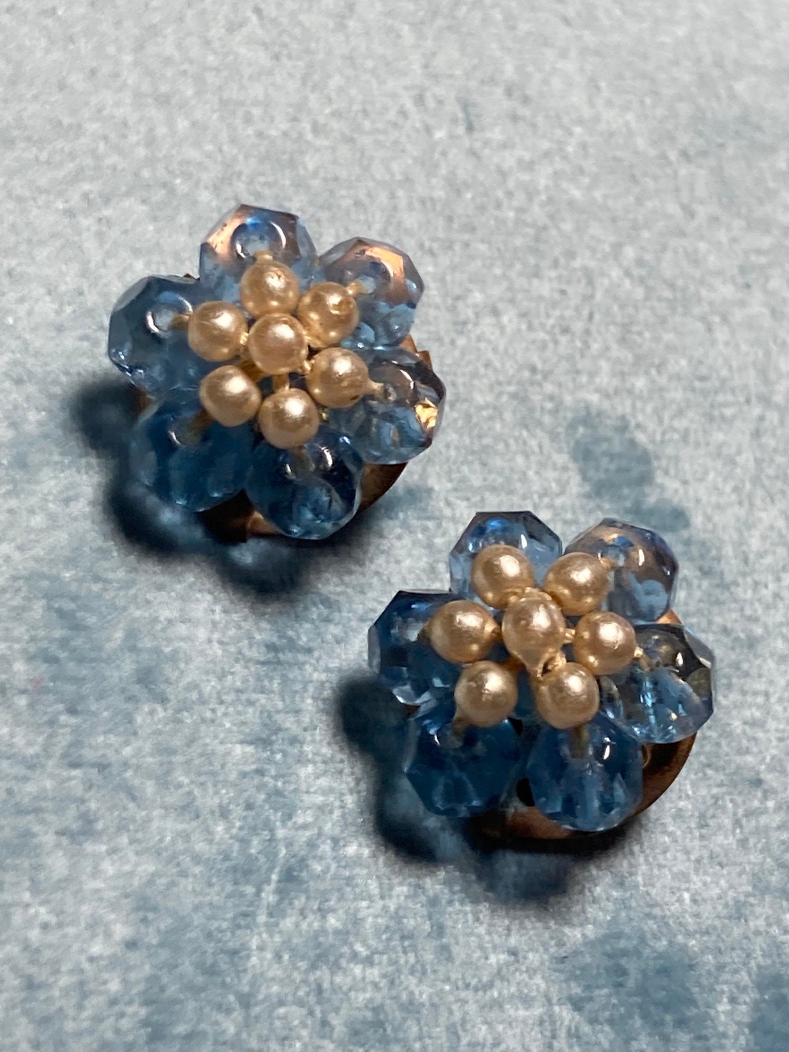 Vintage Funky teal blue glass and faux pearl floral beaded Cluster Clip On Earrings