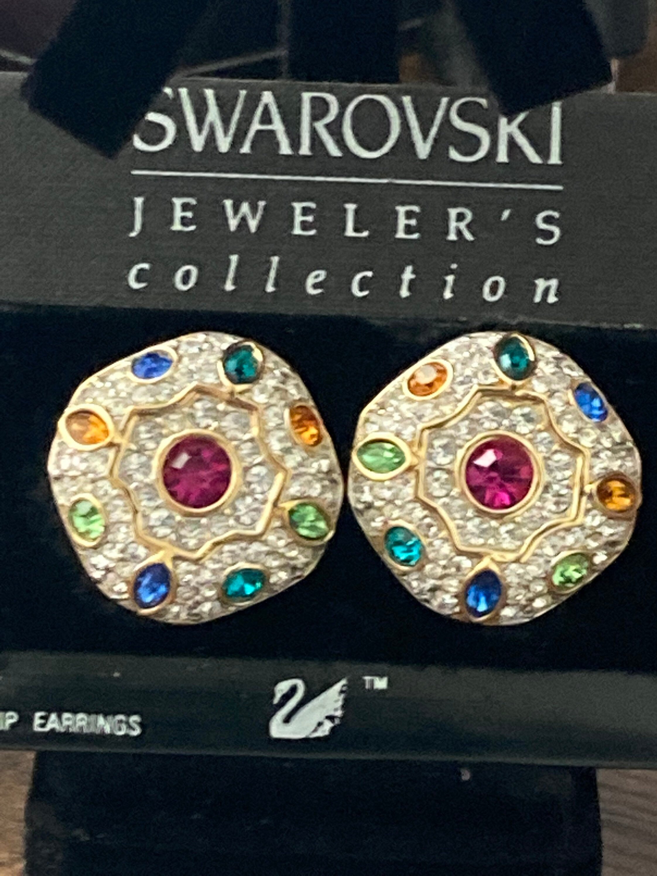 Signed Swarovski crystal oversized clip on earrings with ruby emerald rainbow diamanté 4cm domed