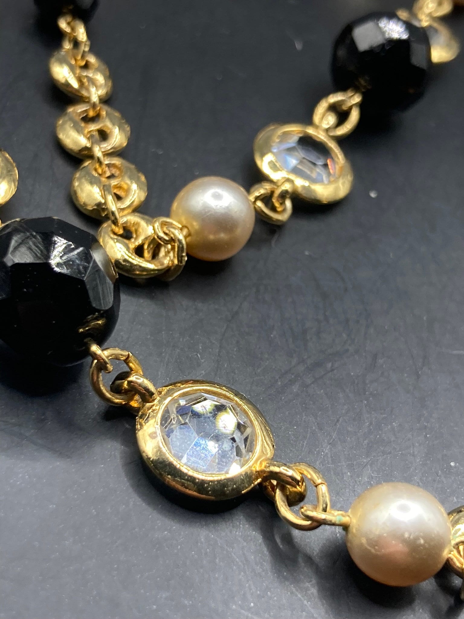 Retro Rivière bezel set clear and black glass pearl mariner chain necklace 90cm length