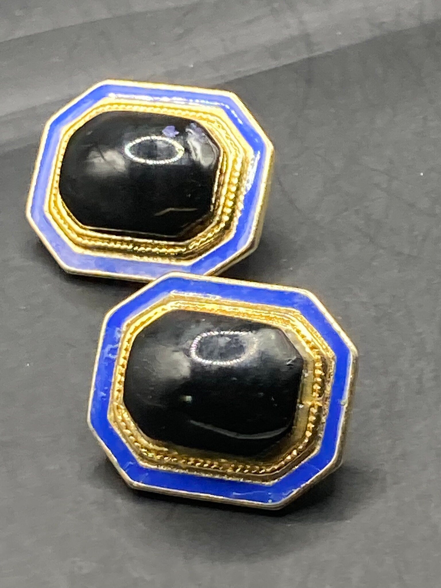 oversized Vintage Gold tone octagonal gold blue and black enamel clip on earrings