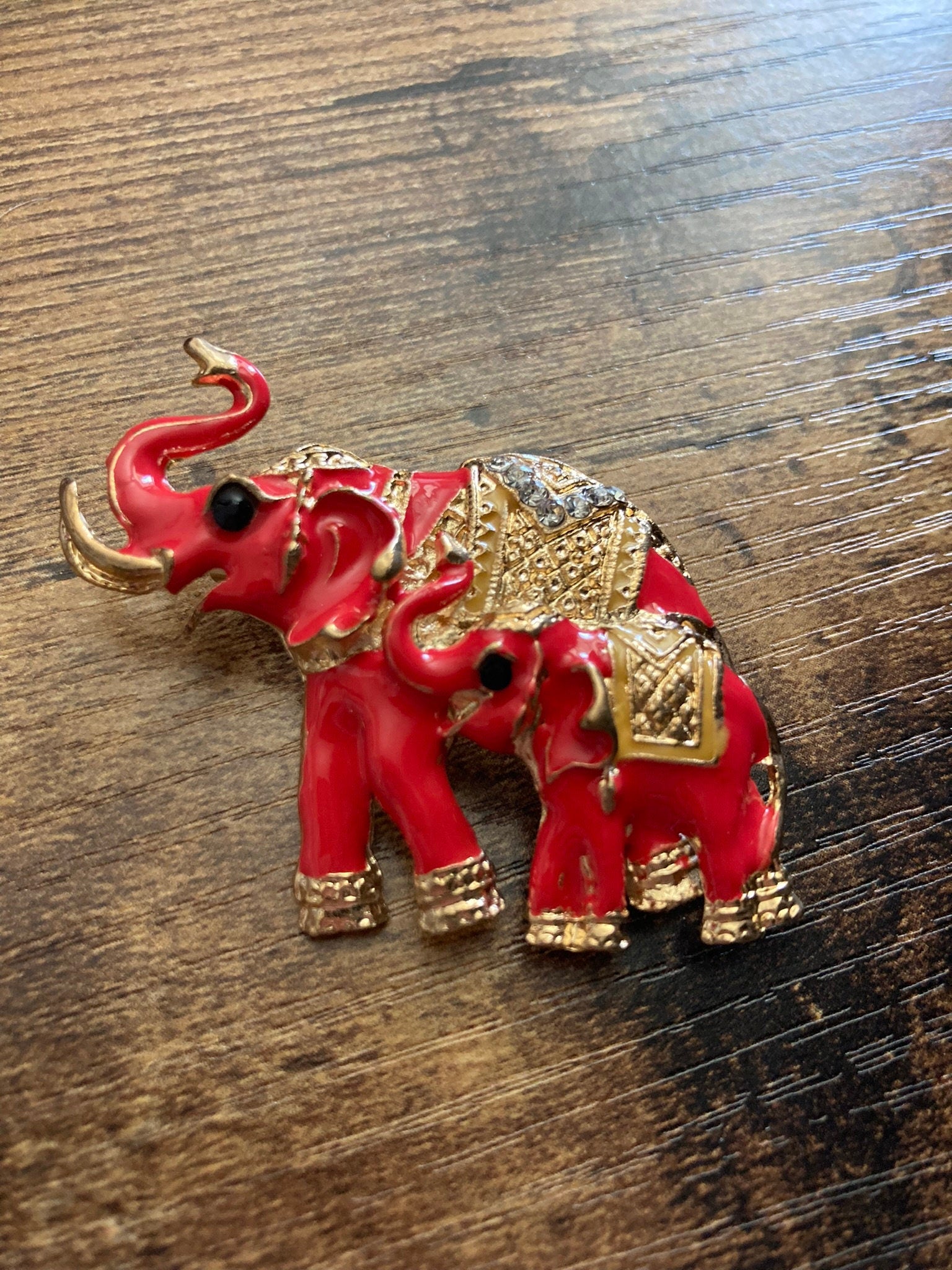 pair of red  enamel Indian Elephant  Brooch gold tone diamante rhinestone