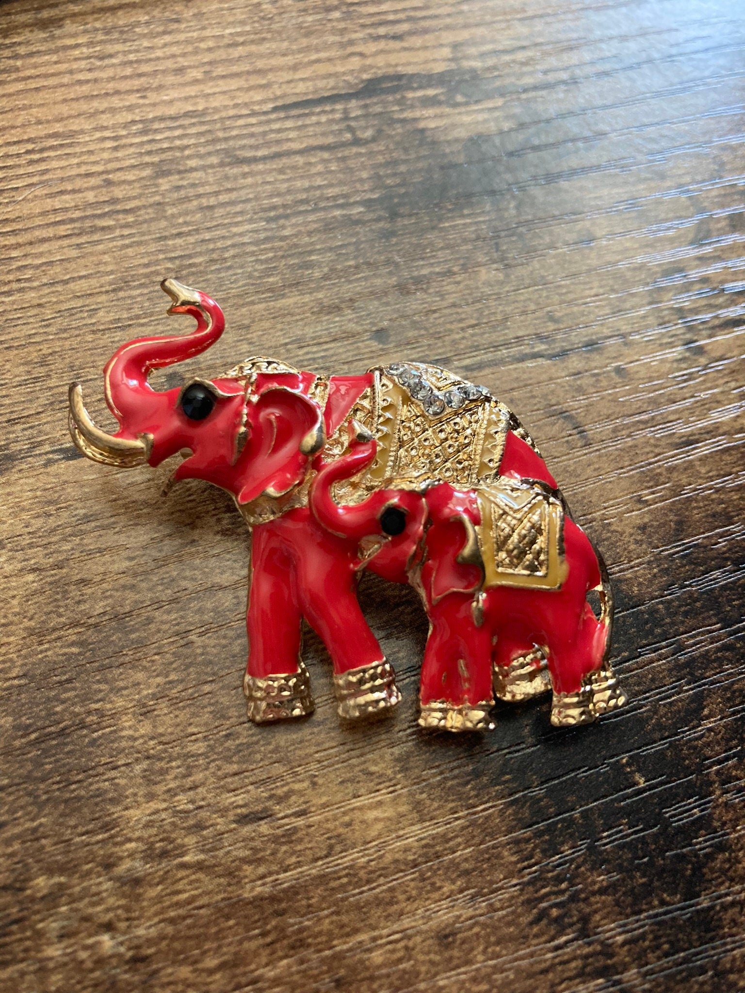 pair of red  enamel Indian Elephant  Brooch gold tone diamante rhinestone