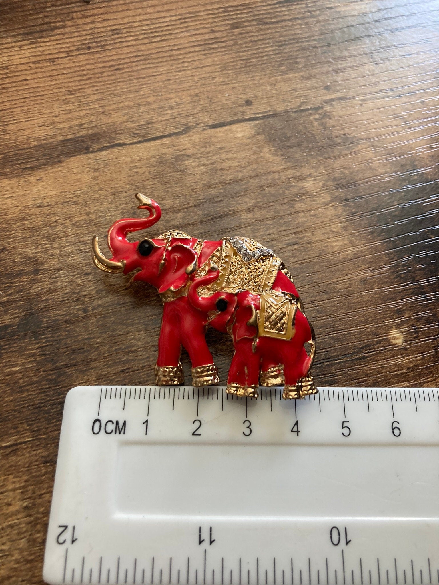 pair of red  enamel Indian Elephant  Brooch gold tone diamante rhinestone