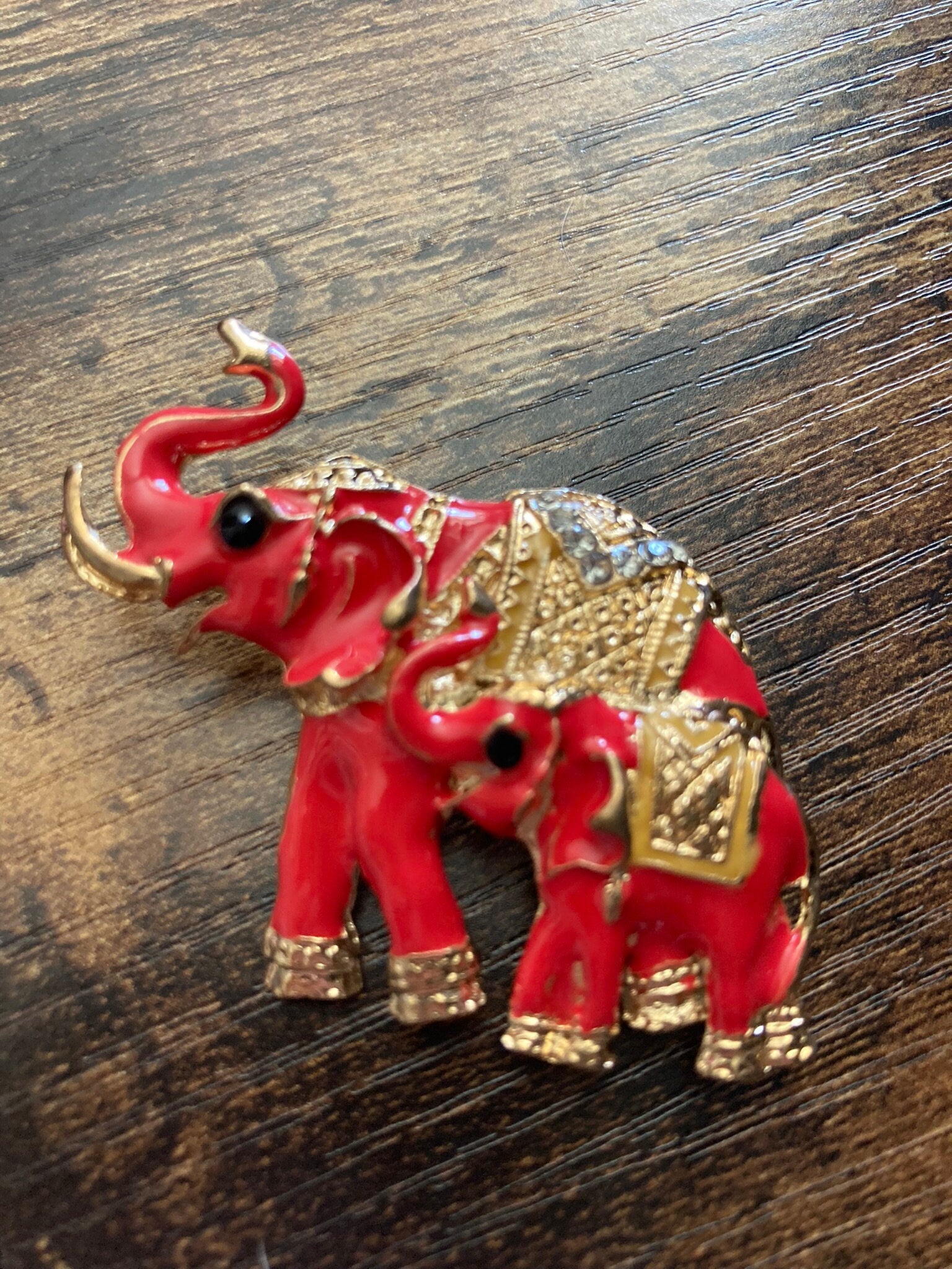 pair of red  enamel Indian Elephant  Brooch gold tone diamante rhinestone