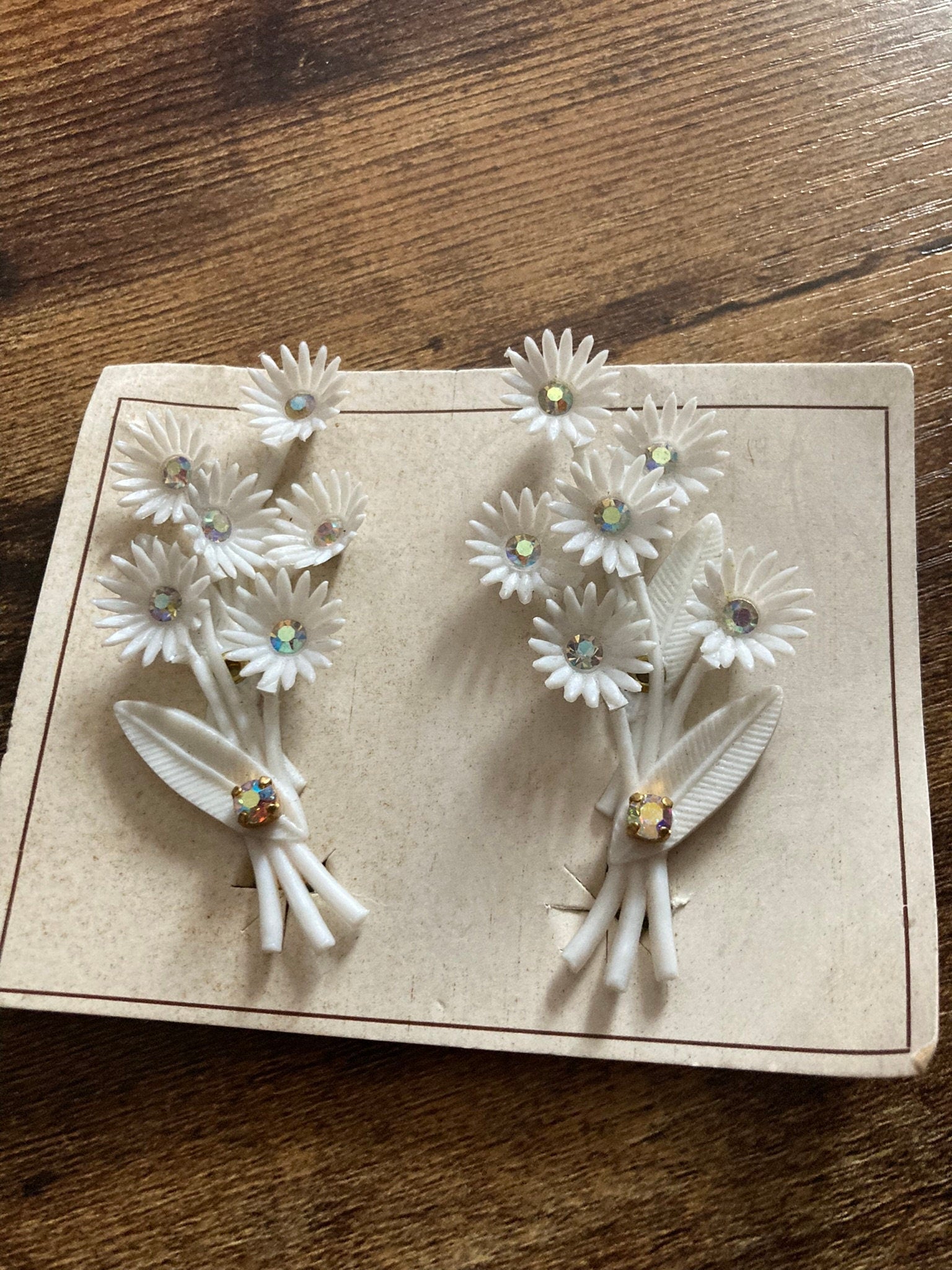 Vintage white plastic floral bouquet clip on earrings with diamante AB paste stones