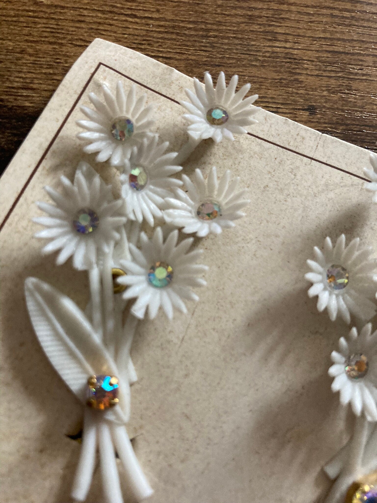 Vintage white plastic floral bouquet clip on earrings with diamante AB paste stones