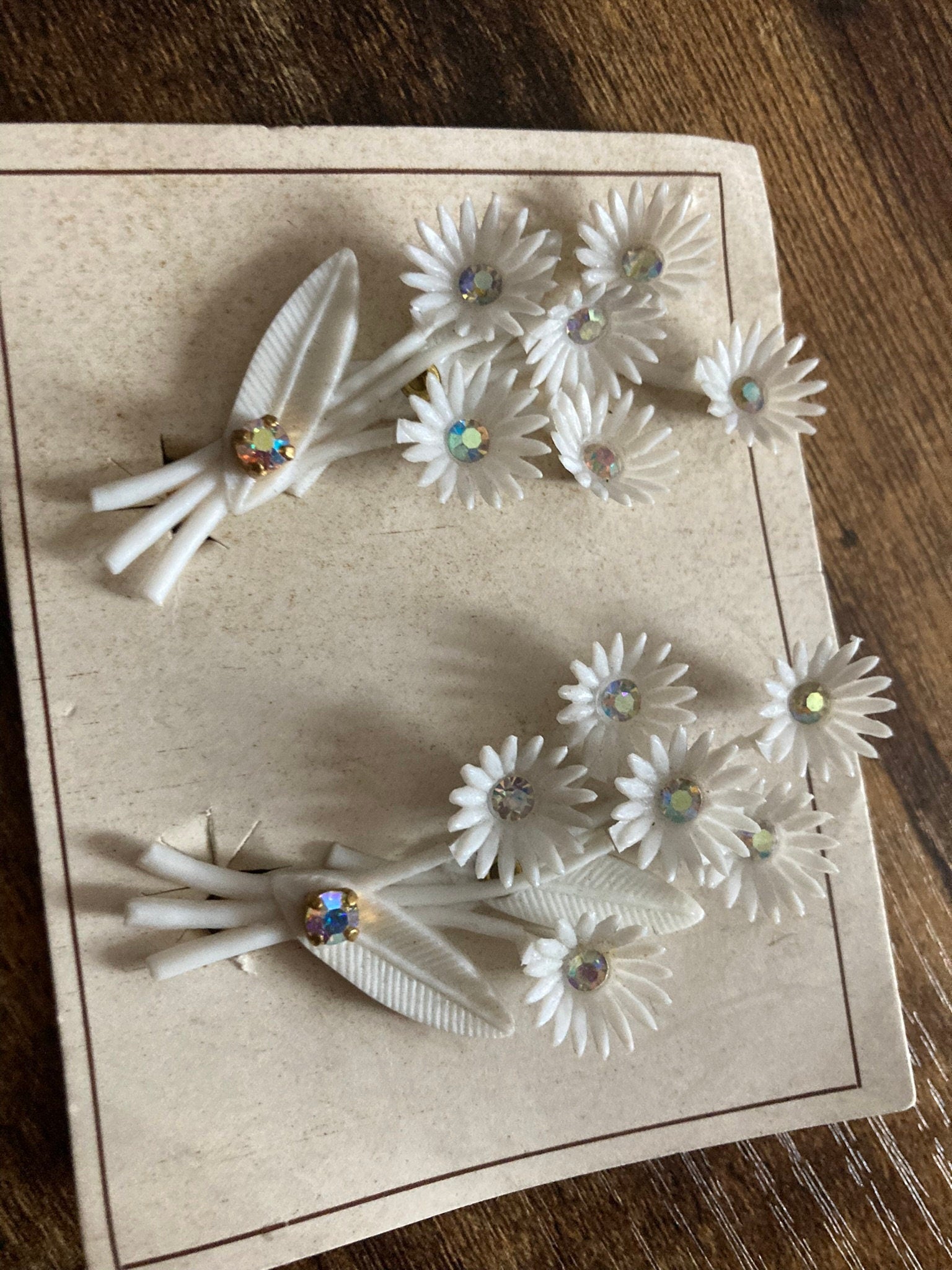 Vintage white plastic floral bouquet clip on earrings with diamante AB paste stones