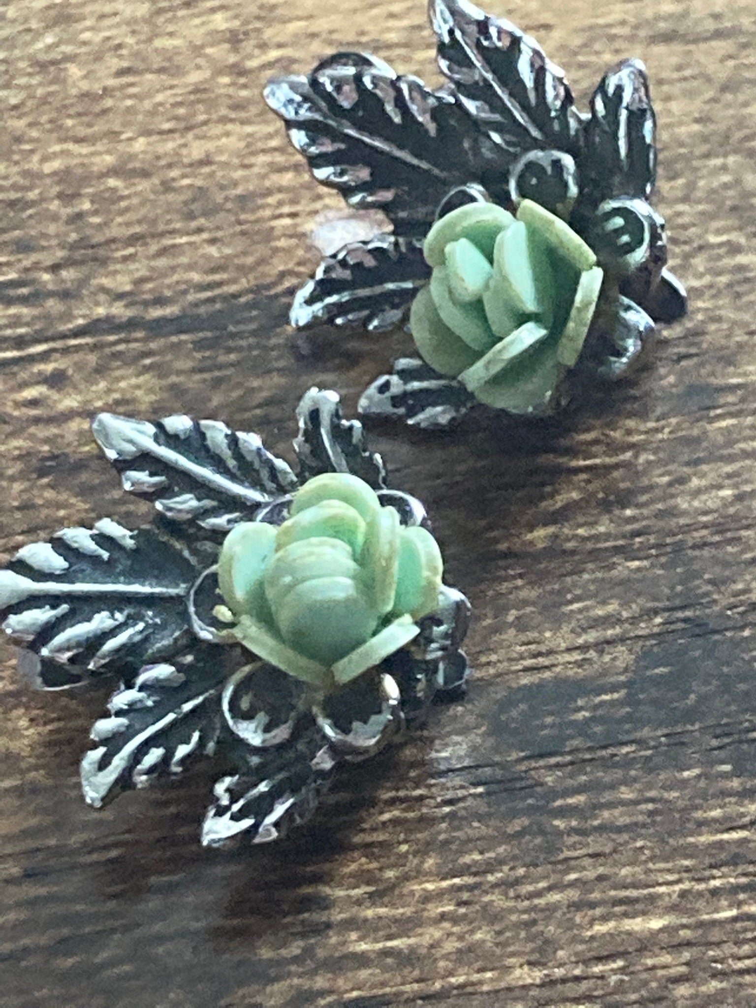 Vintage silver tone pastel blue green roses flower clip on mid century stud earrings