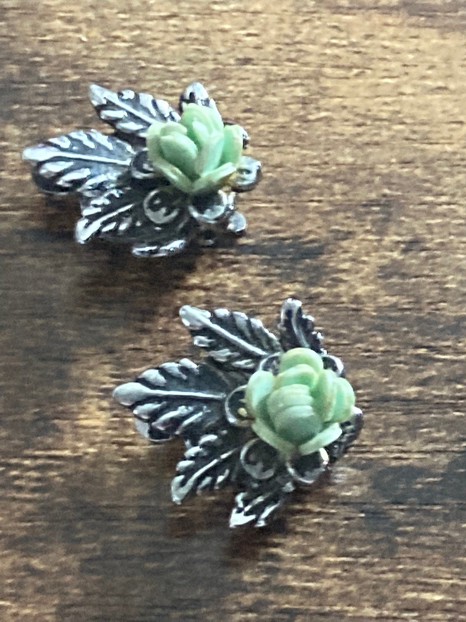 Vintage silver tone pastel blue green roses flower clip on mid century stud earrings