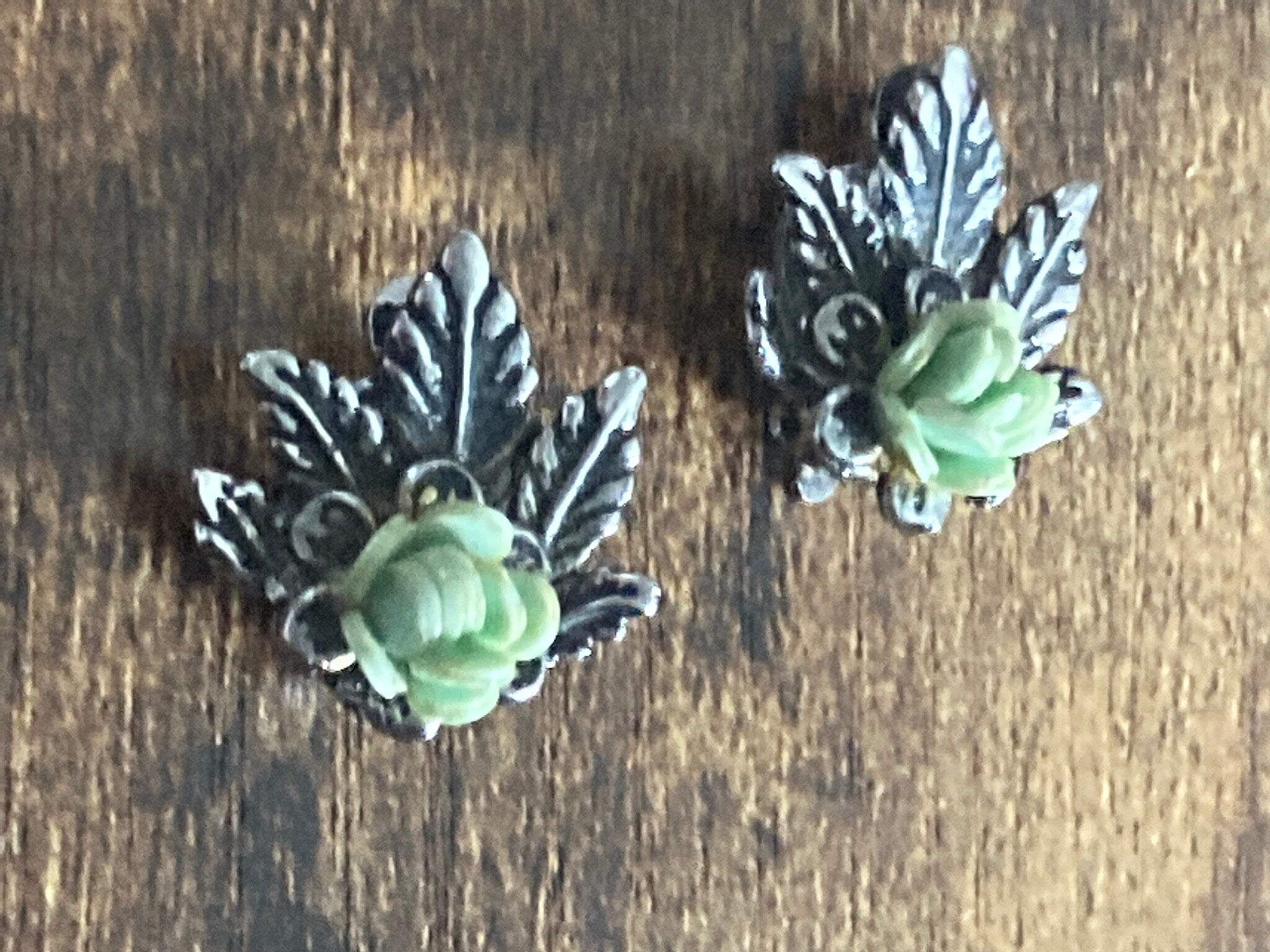 Vintage silver tone pastel blue green roses flower clip on mid century stud earrings