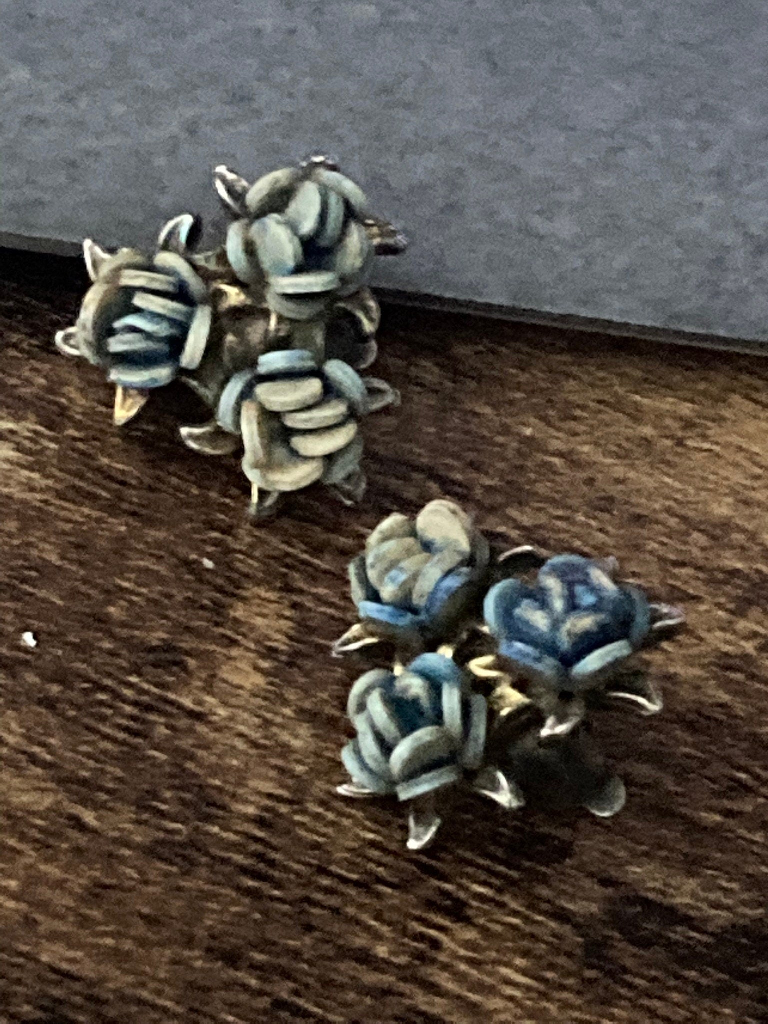 Vintage silver tone pastel blue green roses floral clip on mid century stud earrings